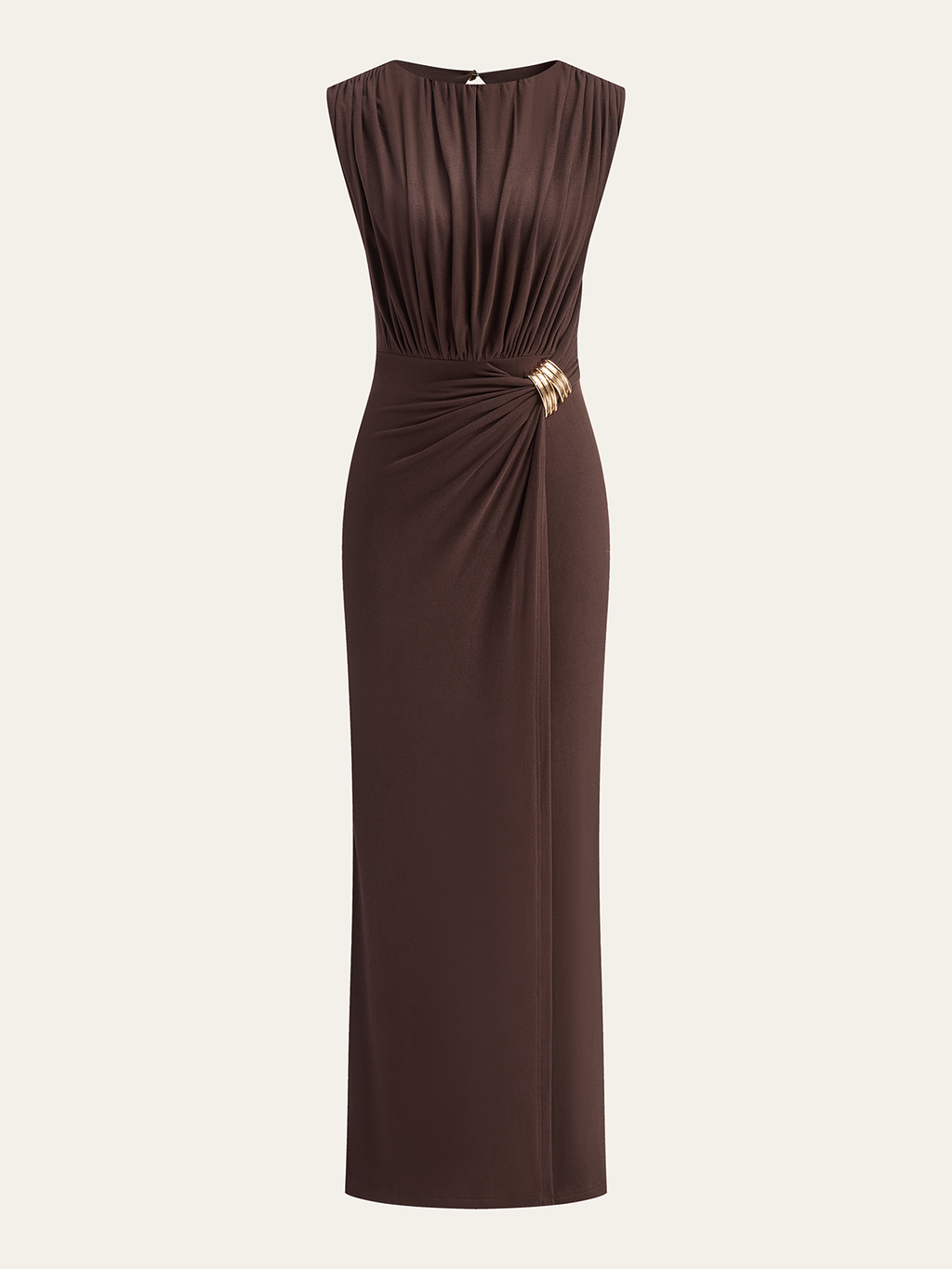 Robe longue froncée sans manches avec boucle en métal