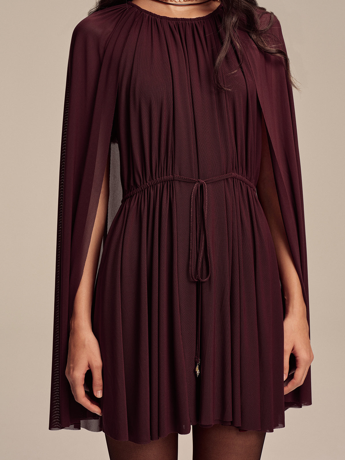 Mesh Cape Sleeve Tie-Waist Mini Dress