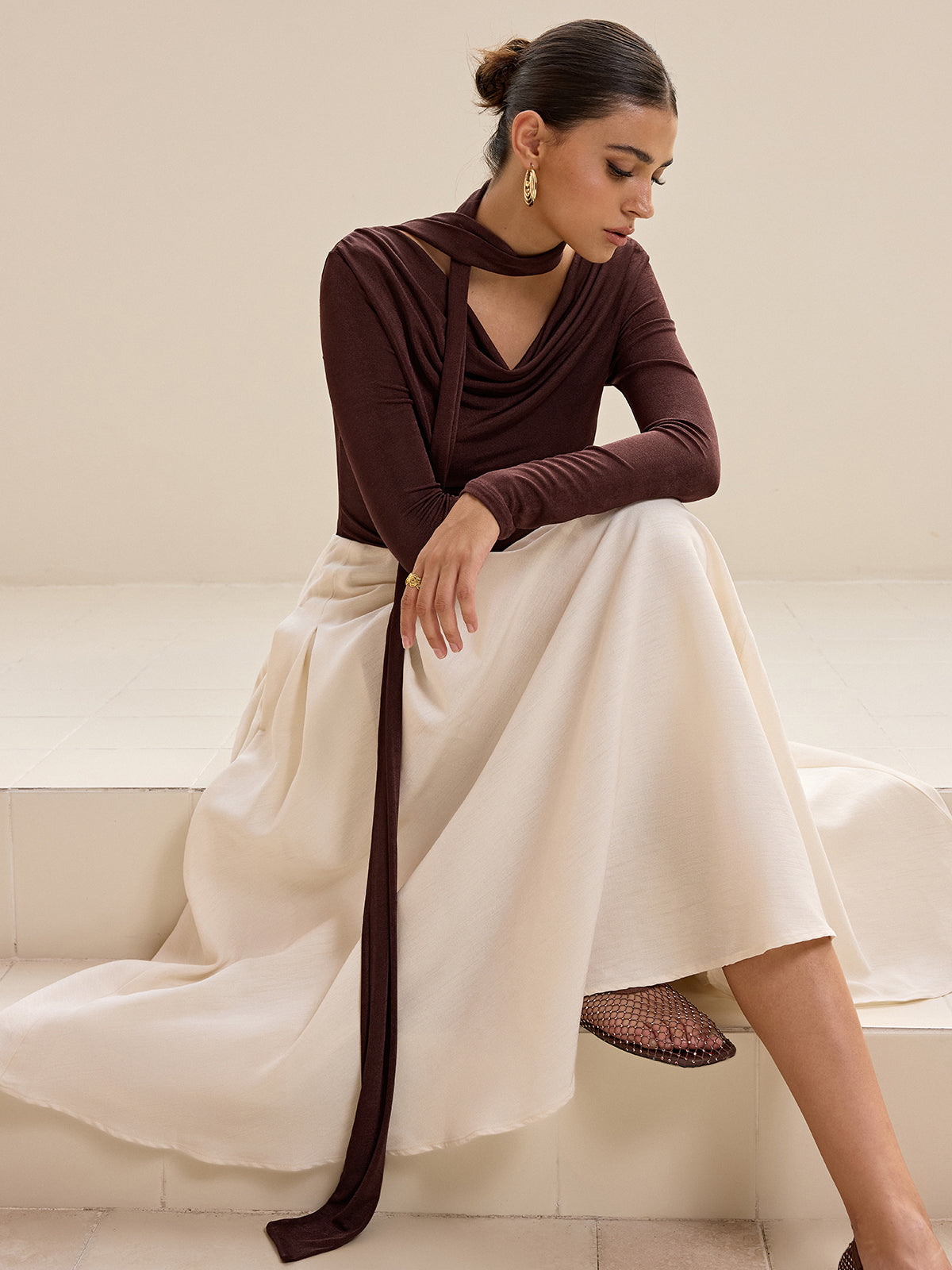 Asymmetric Neck Tie Detail Long-Sleeve T-Shirt