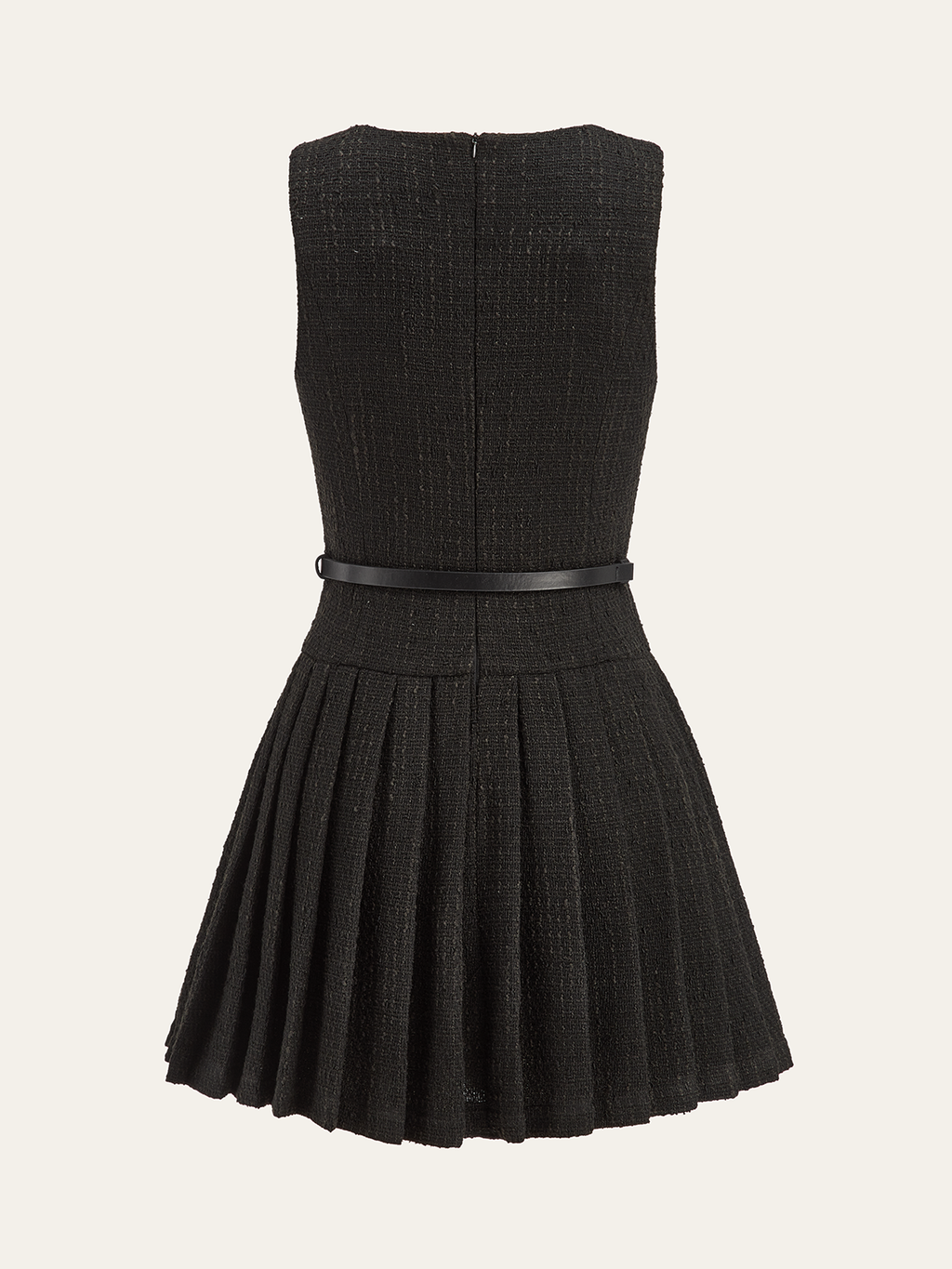 Ärmelloses Falten-Minikleid aus Tweed mit Gürtel