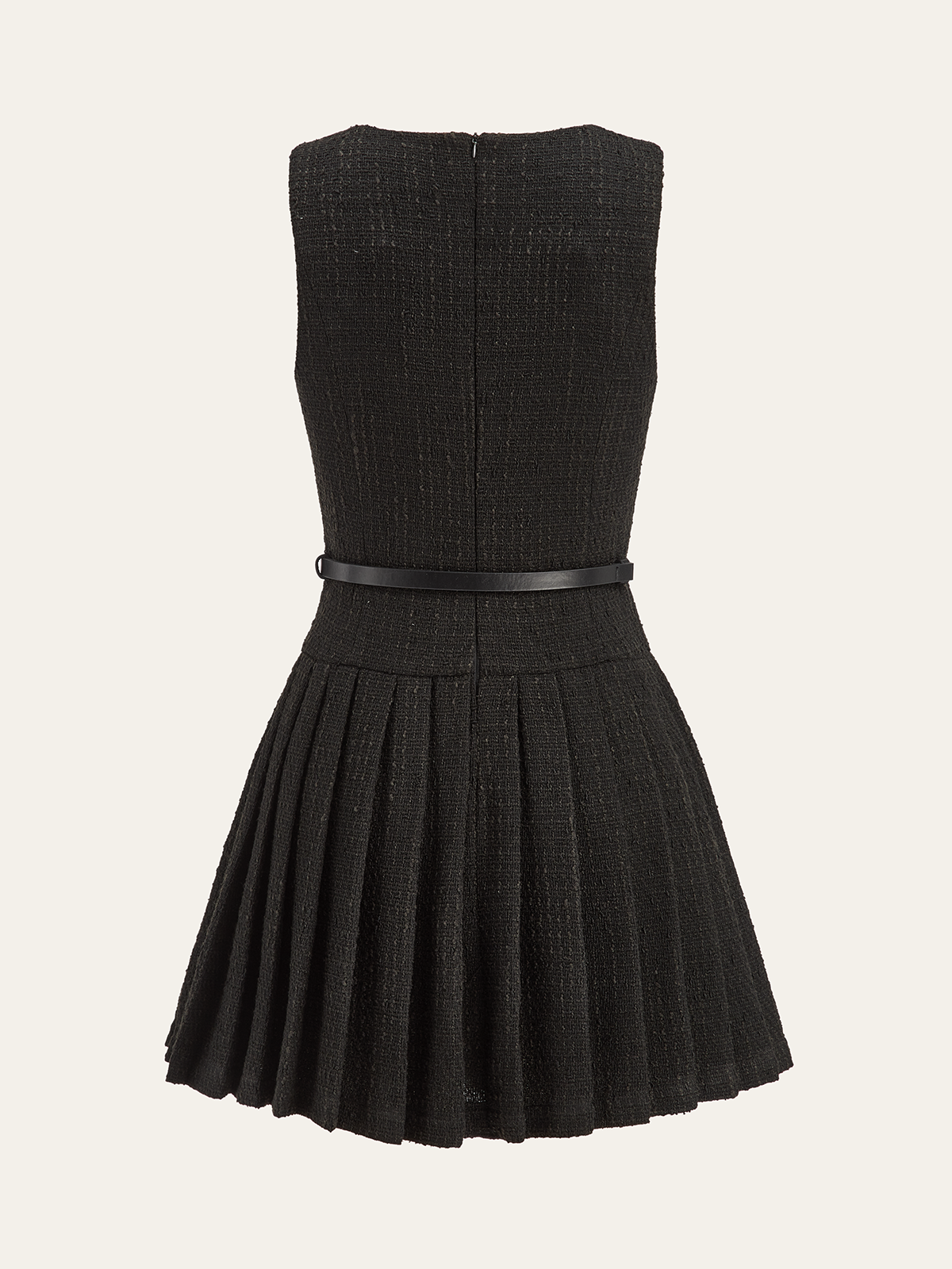 Ärmelloses Falten-Minikleid aus Tweed mit Gürtel