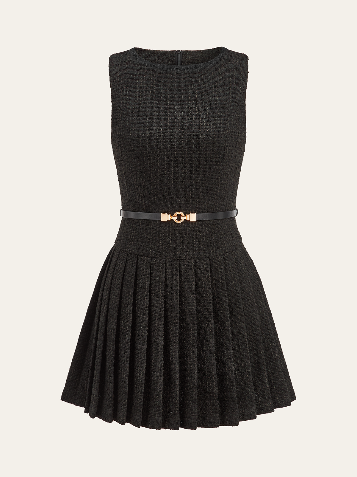 Ärmelloses Falten-Minikleid aus Tweed mit Gürtel