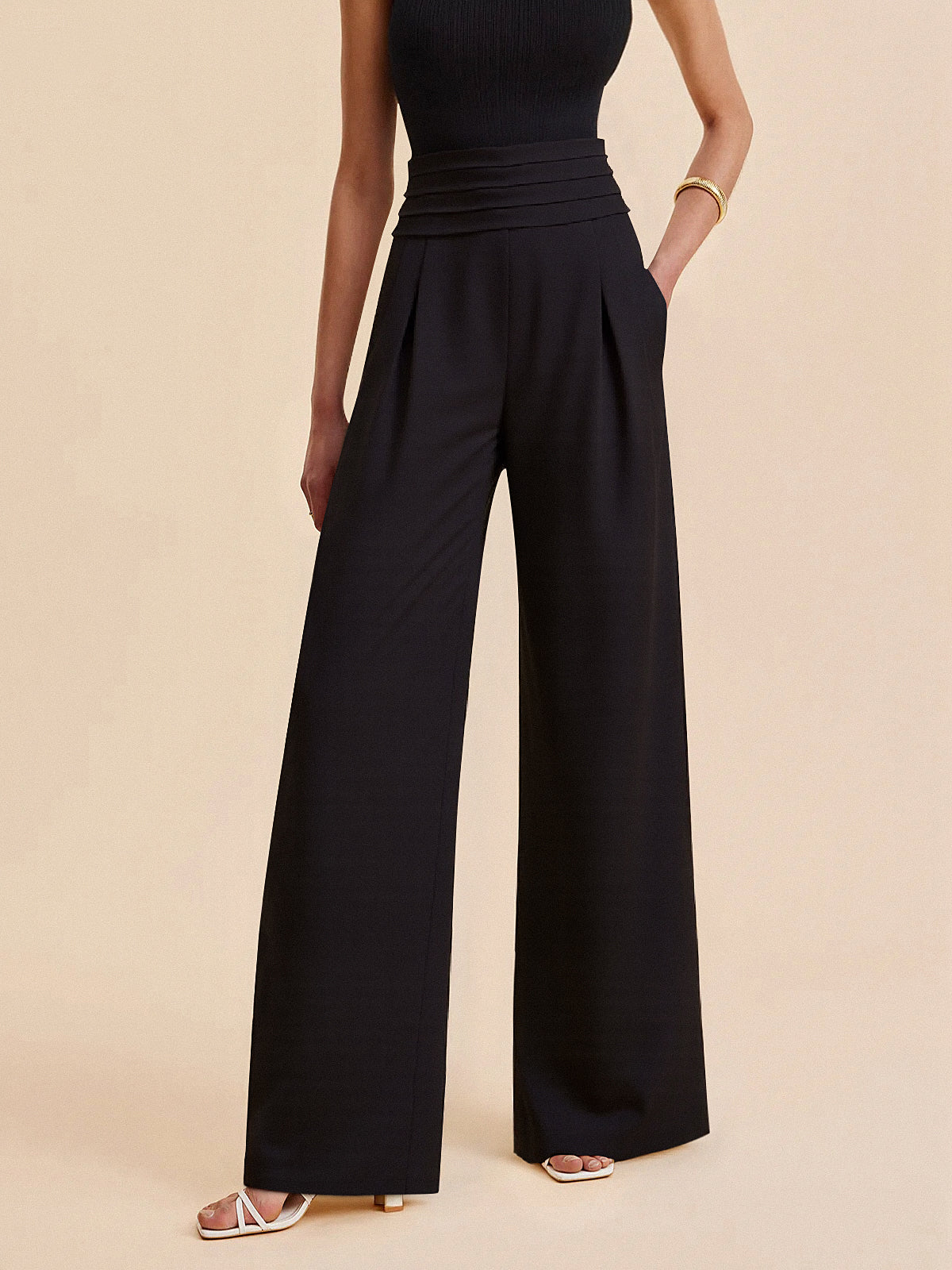 High-Waist Pleated-Waistband Wide-Leg Pants