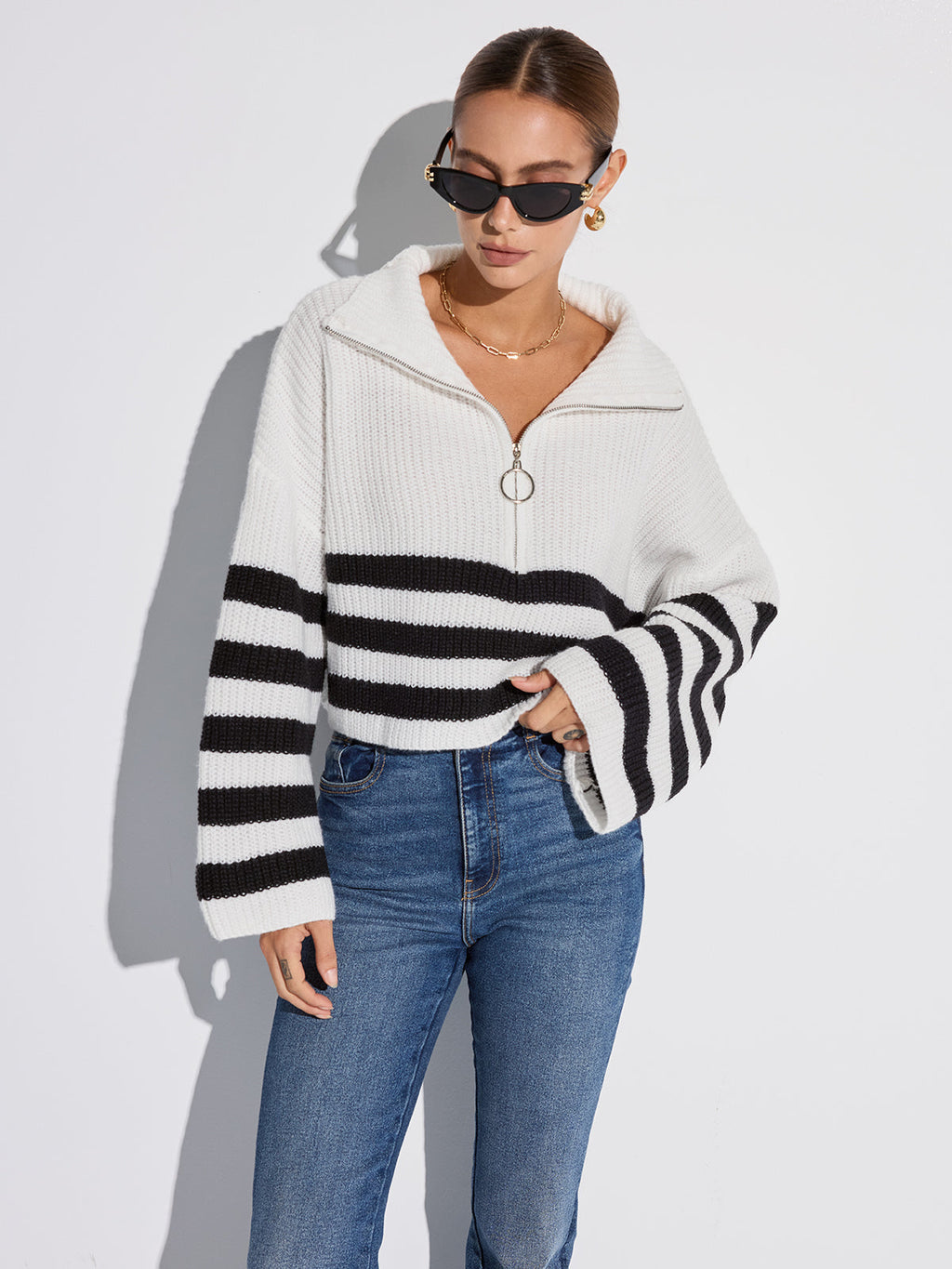 Half-Zip Striped Oversized Sweater