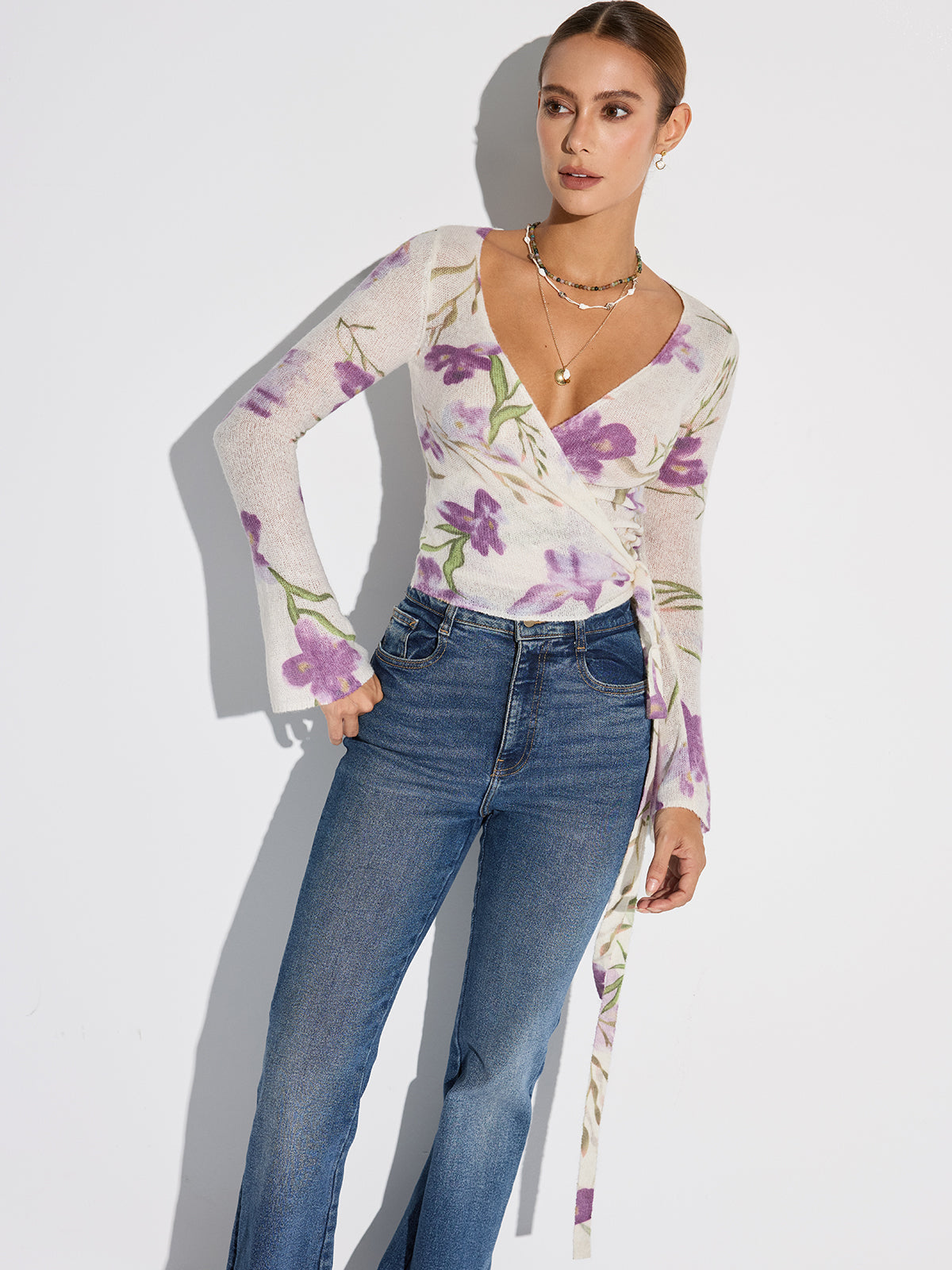 Floral Print Wrap Tie Knit Top
