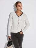 Contrast Ruffle Trim Button Sweater