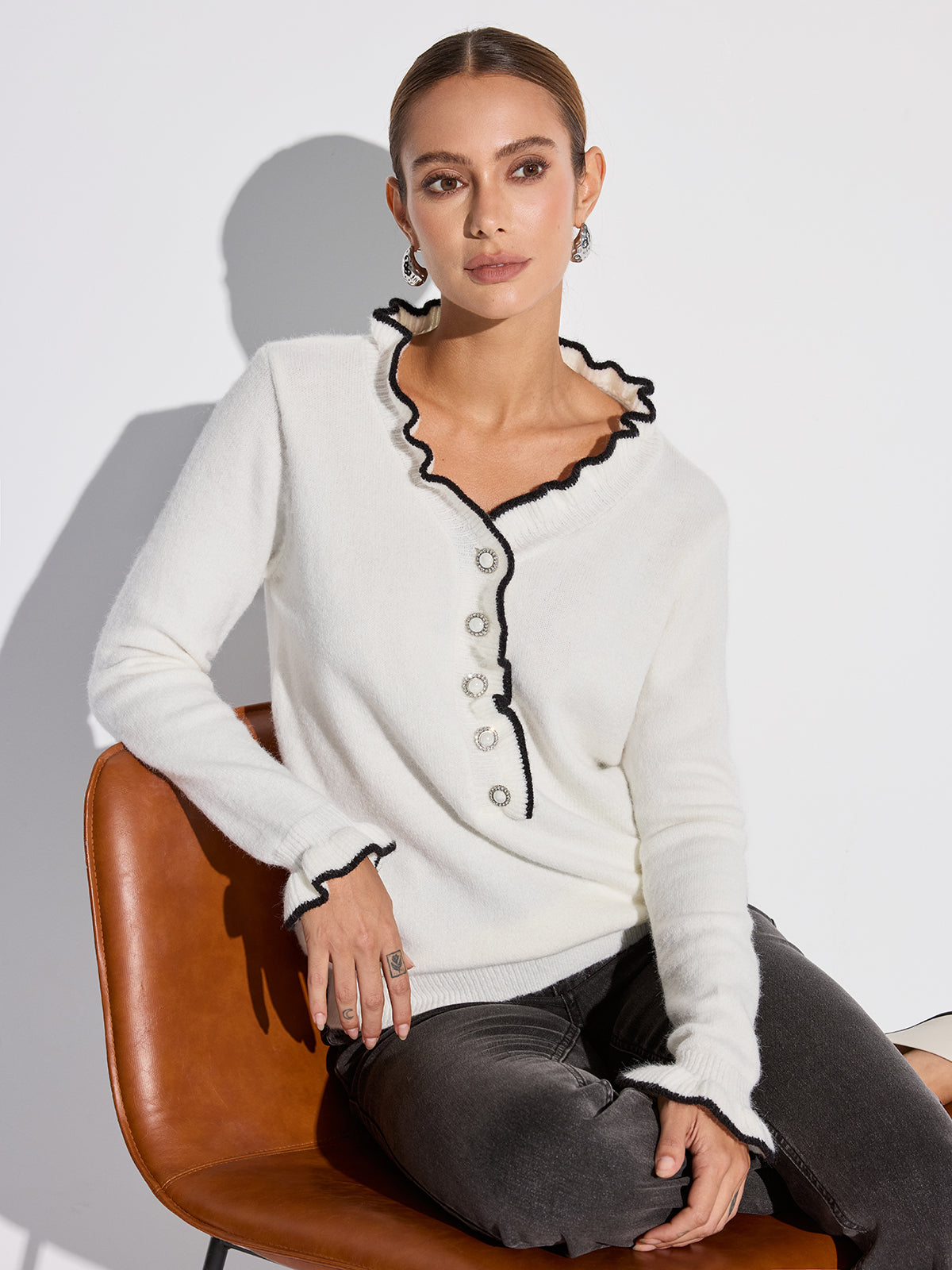 Contrast Ruffle Trim Button Sweater