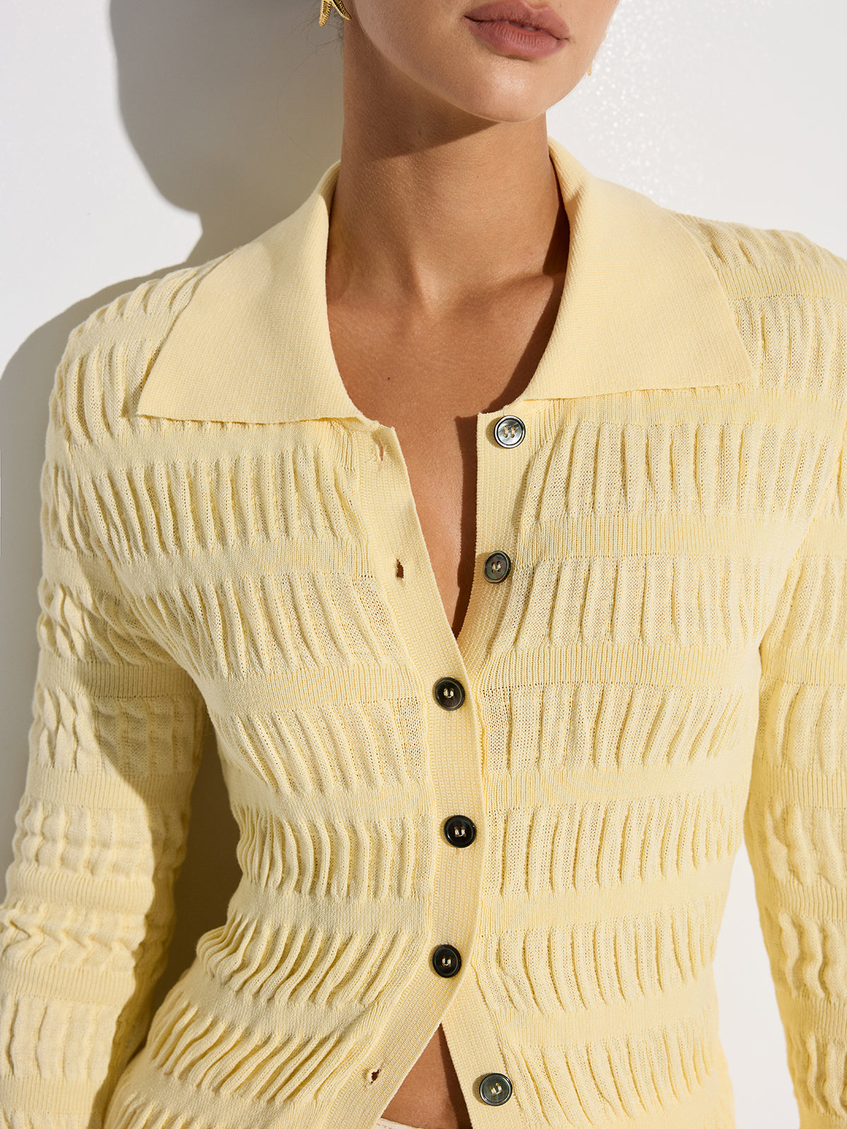 Shirt Collar Textured Knit Button Cardigan
