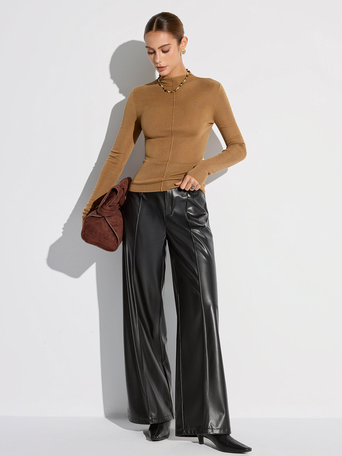 Wool Blend Mock Neck Fitted Long Sleeve Knit Top