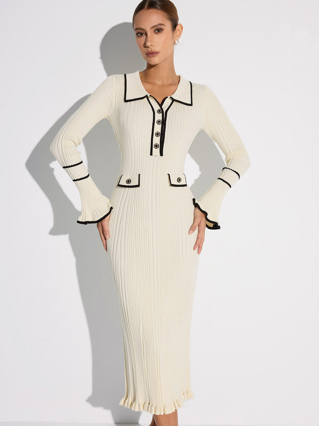 Contrast Trim Buttoned Ribbed Sweater Dress