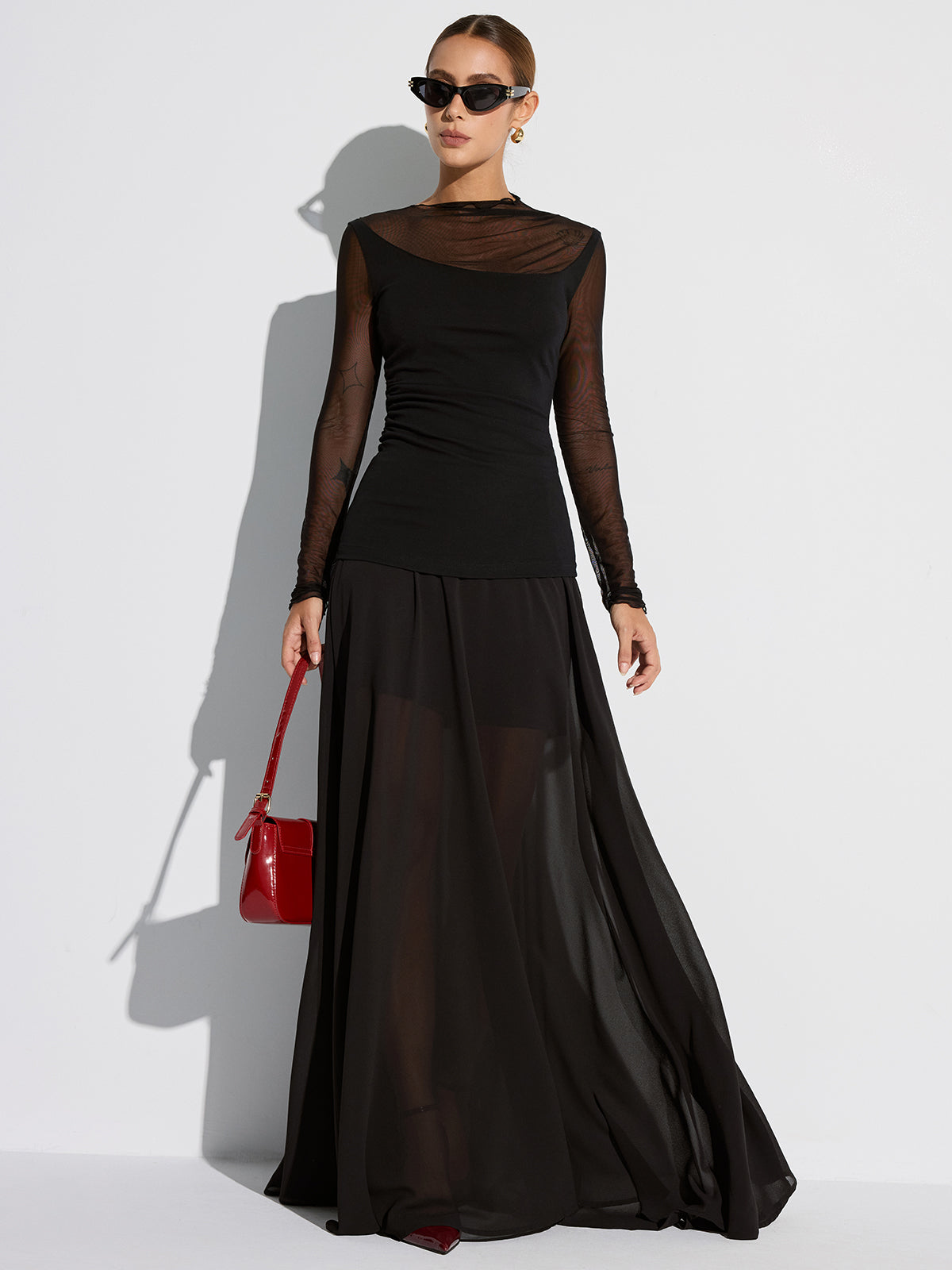 Semi-Sheer Mesh Panel Long Sleeve T-Shirt