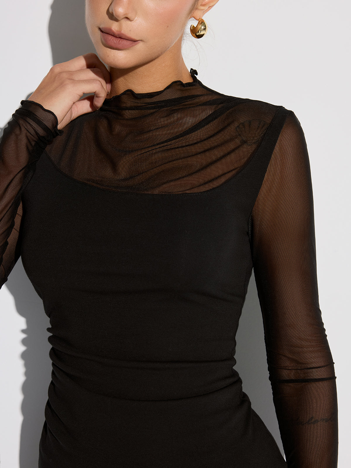 Semi-Sheer Mesh Panel Long Sleeve T-Shirt