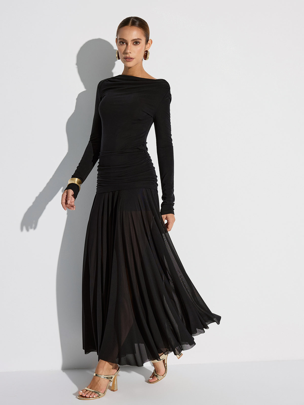 Draped Long Sleeve Top and Mesh Pleated Skirt Set