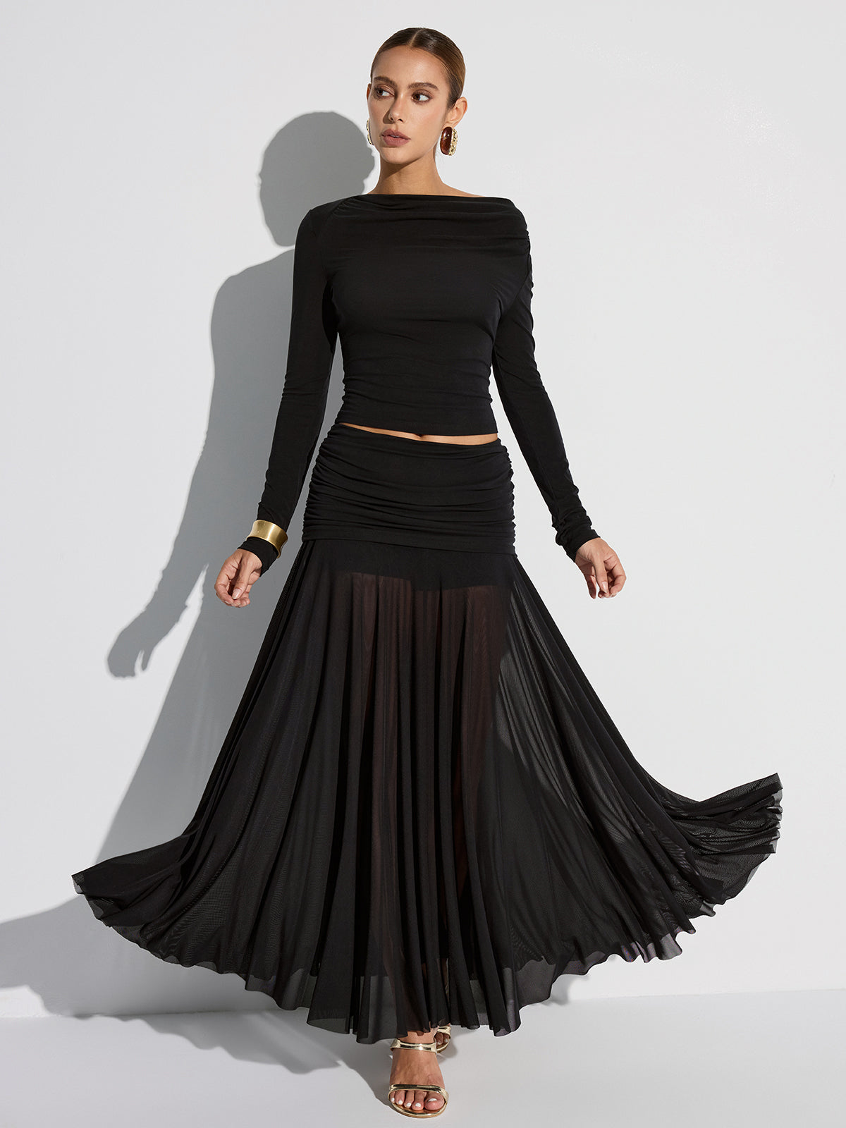Draped Long Sleeve Top and Mesh Pleated Skirt Set