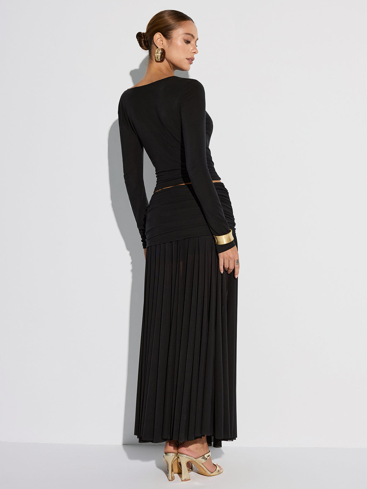 Draped Long Sleeve Top and Mesh Pleated Skirt Set