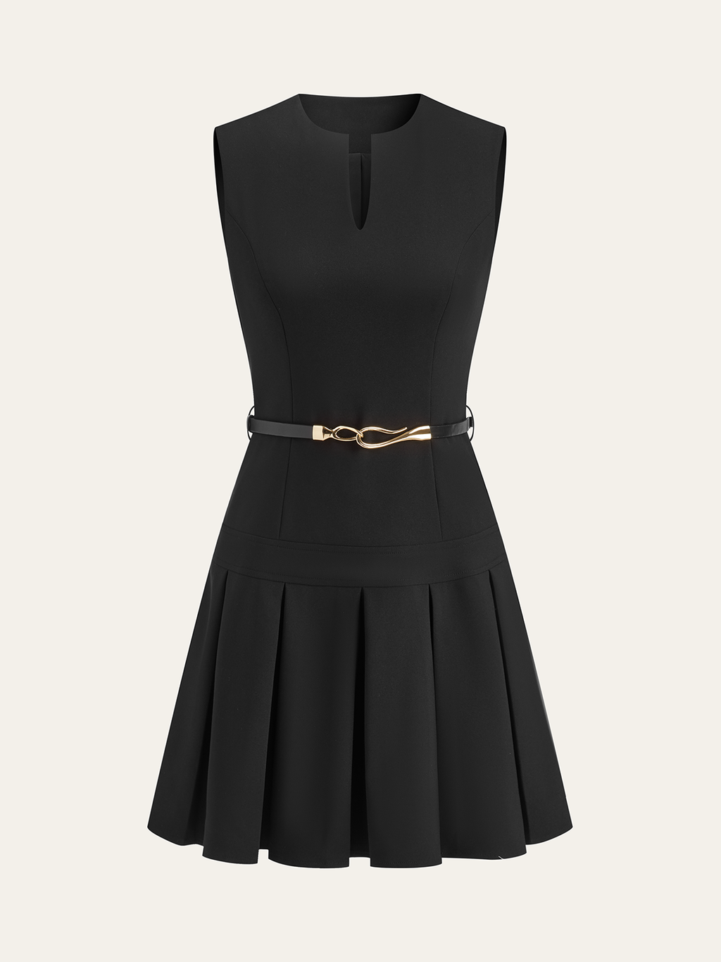 Mini-robe plissée sans manches à col fendu et ceinture