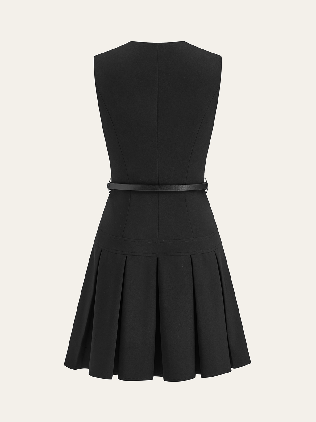 Mini-robe plissée sans manches à col fendu et ceinture