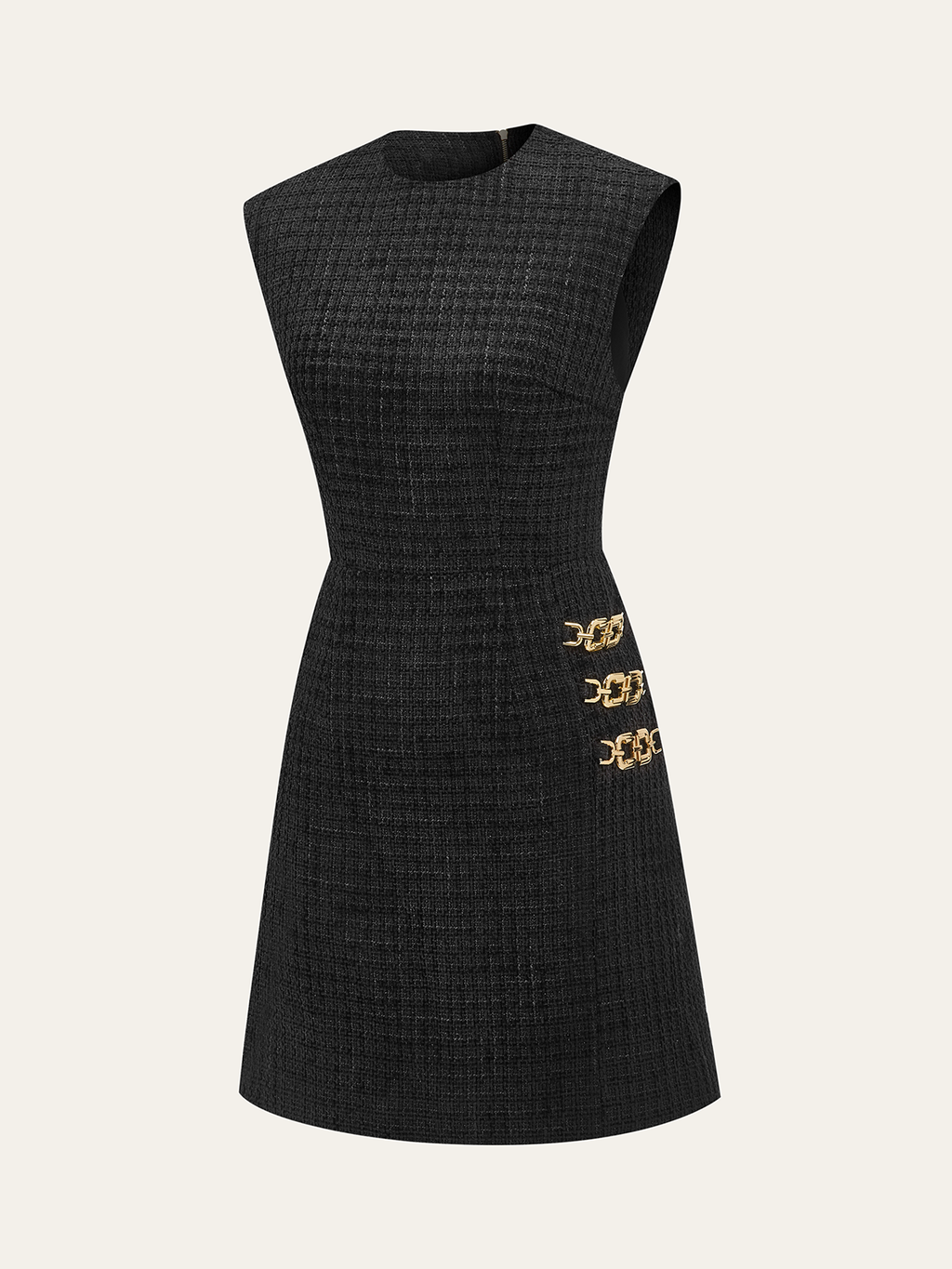 Mini-robe sans manches en tweed à détails chaînes