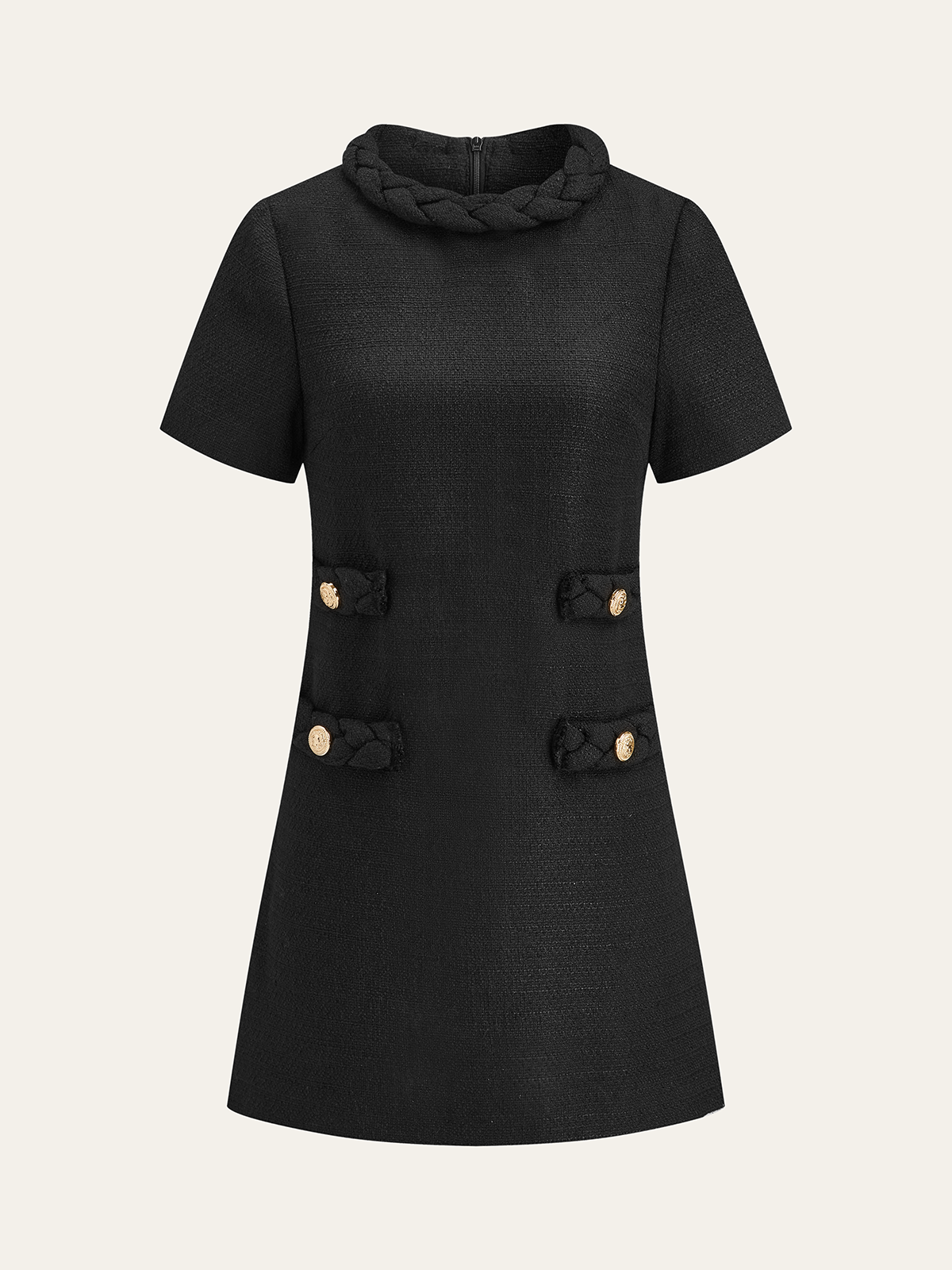 Tweed Braided Rope Collar Short Sleeve Dress