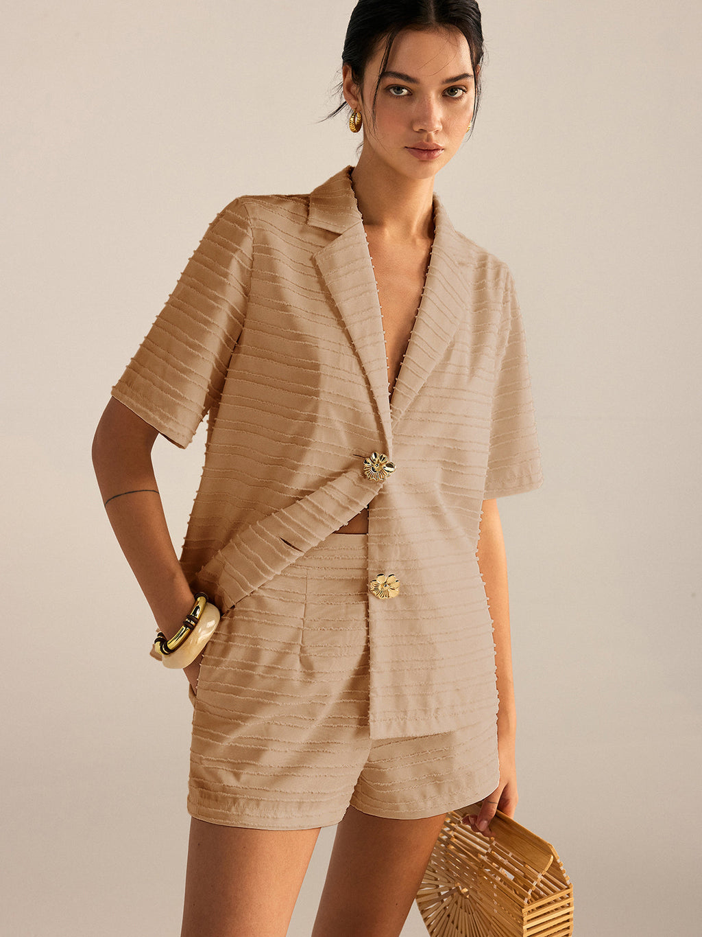Textured Short-Sleeve Blazer and Shorts Set