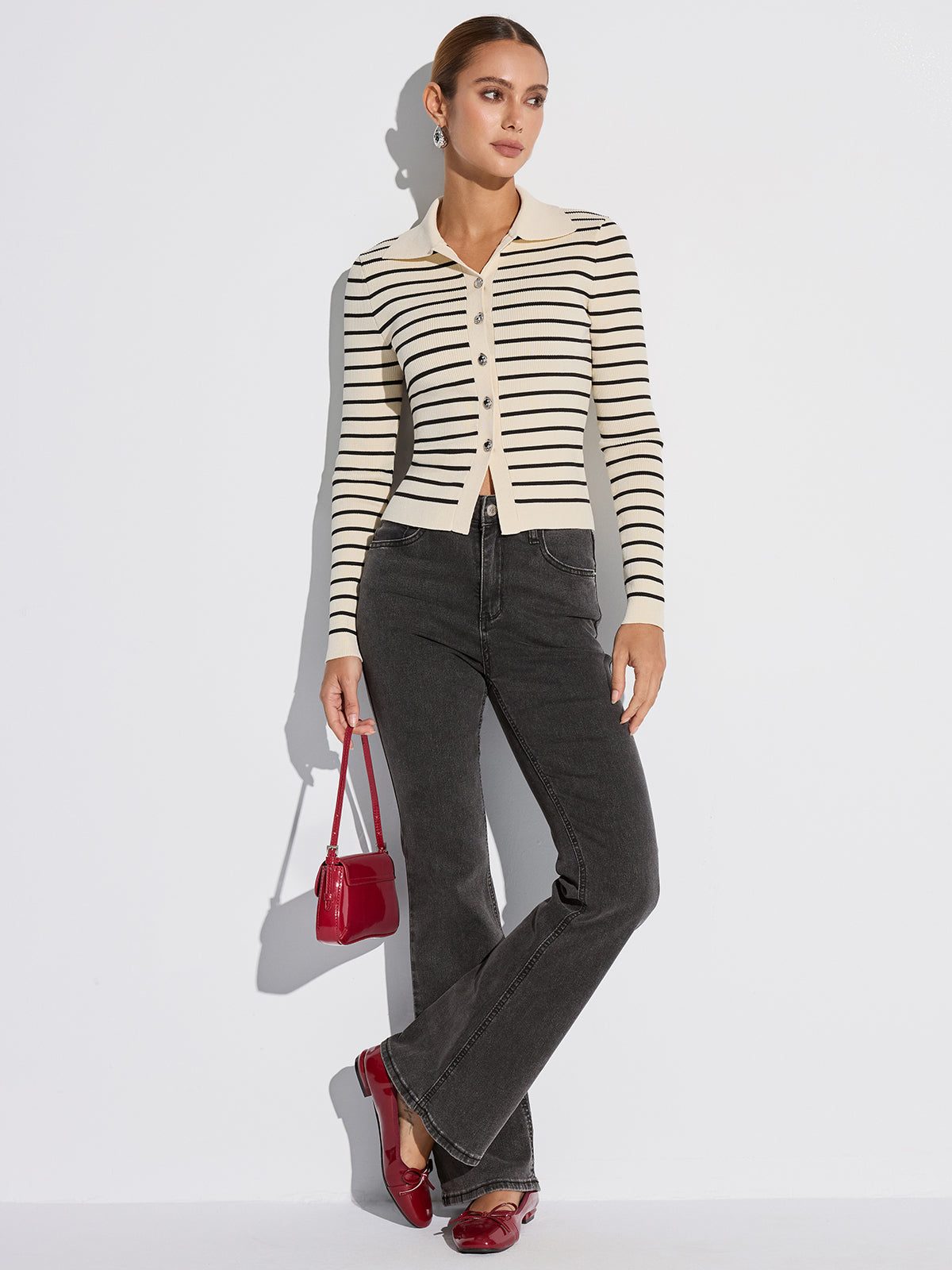 Metal Button Striped Collared Cardigan