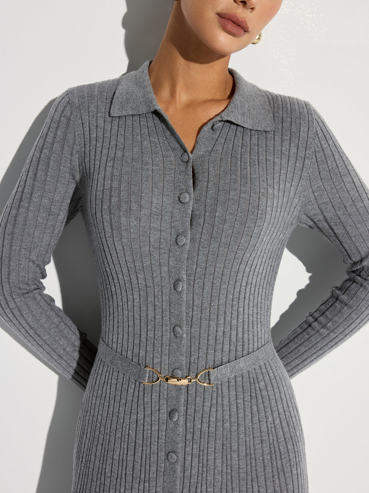 Ribbed Knit Polo Maxi Dress with Belt