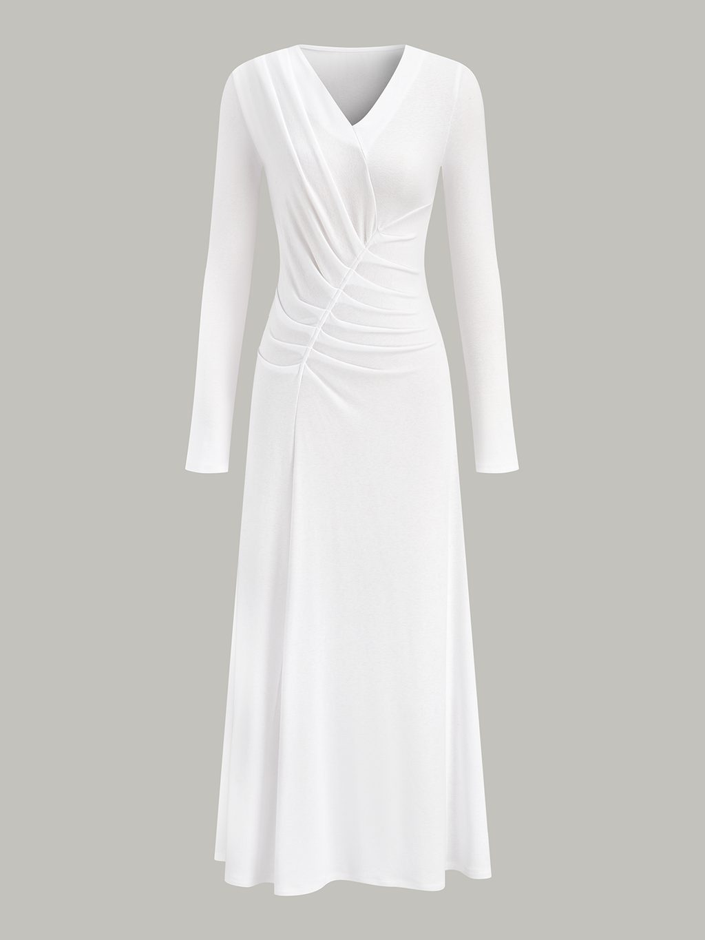 Maxikleid mit V-Ausschnitt, Raffungen und langen Ärmeln
