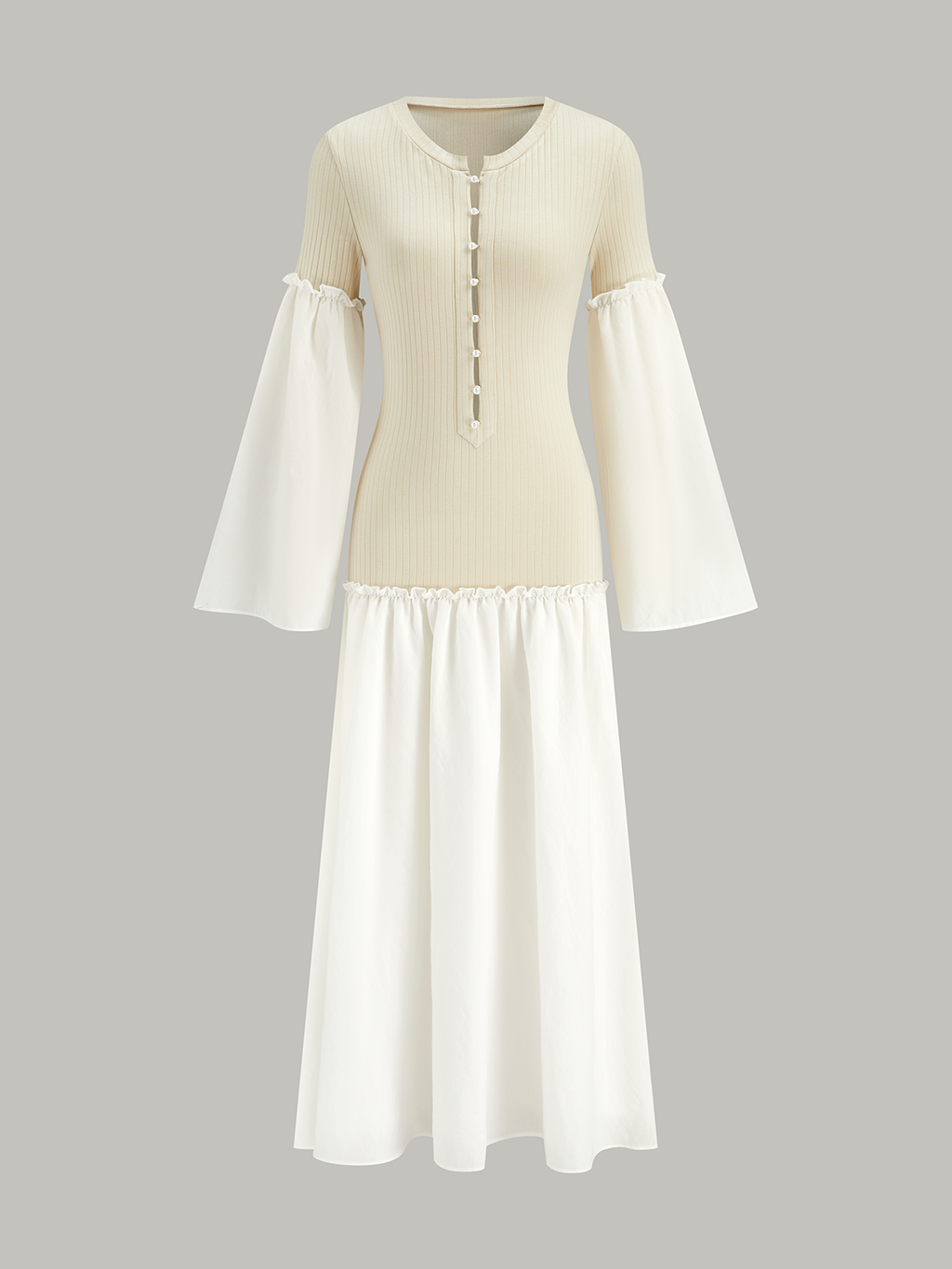 Bell Sleeve Contrast Panel Ribbed Maxi Dress