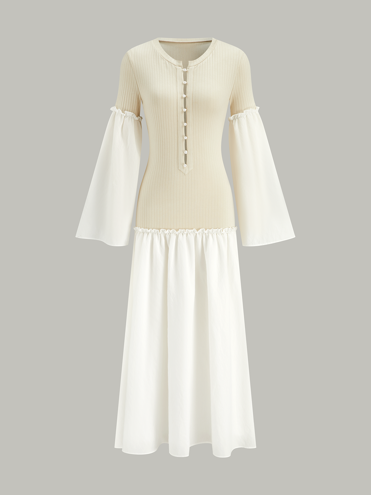 Robe longue côtelée à manches cloche et panneaux contrastants