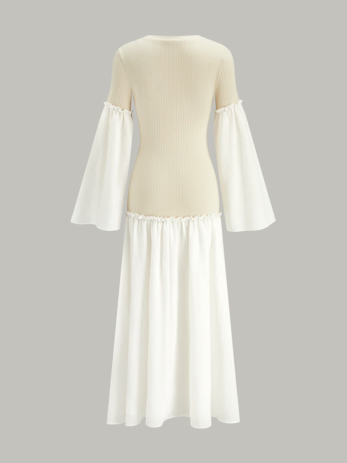 Robe longue côtelée à manches cloche et panneaux contrastants