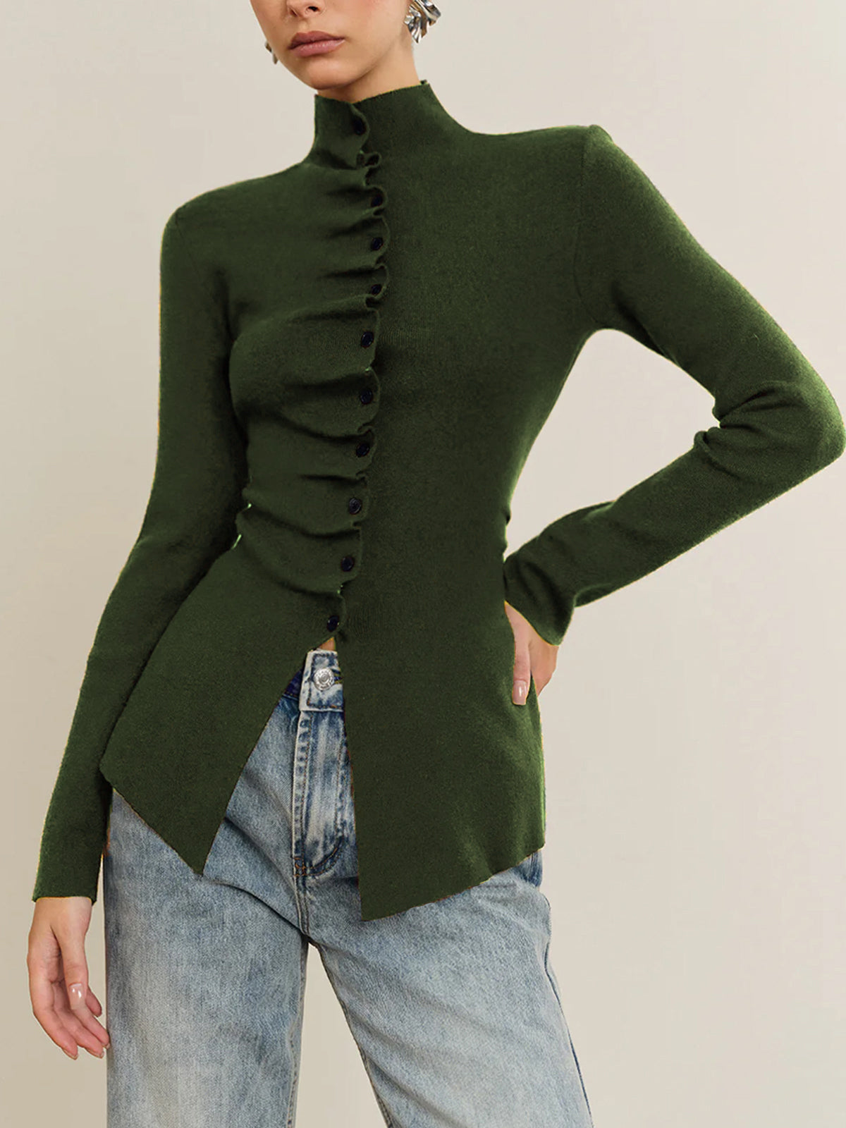 Button Pleated Split Knit Top