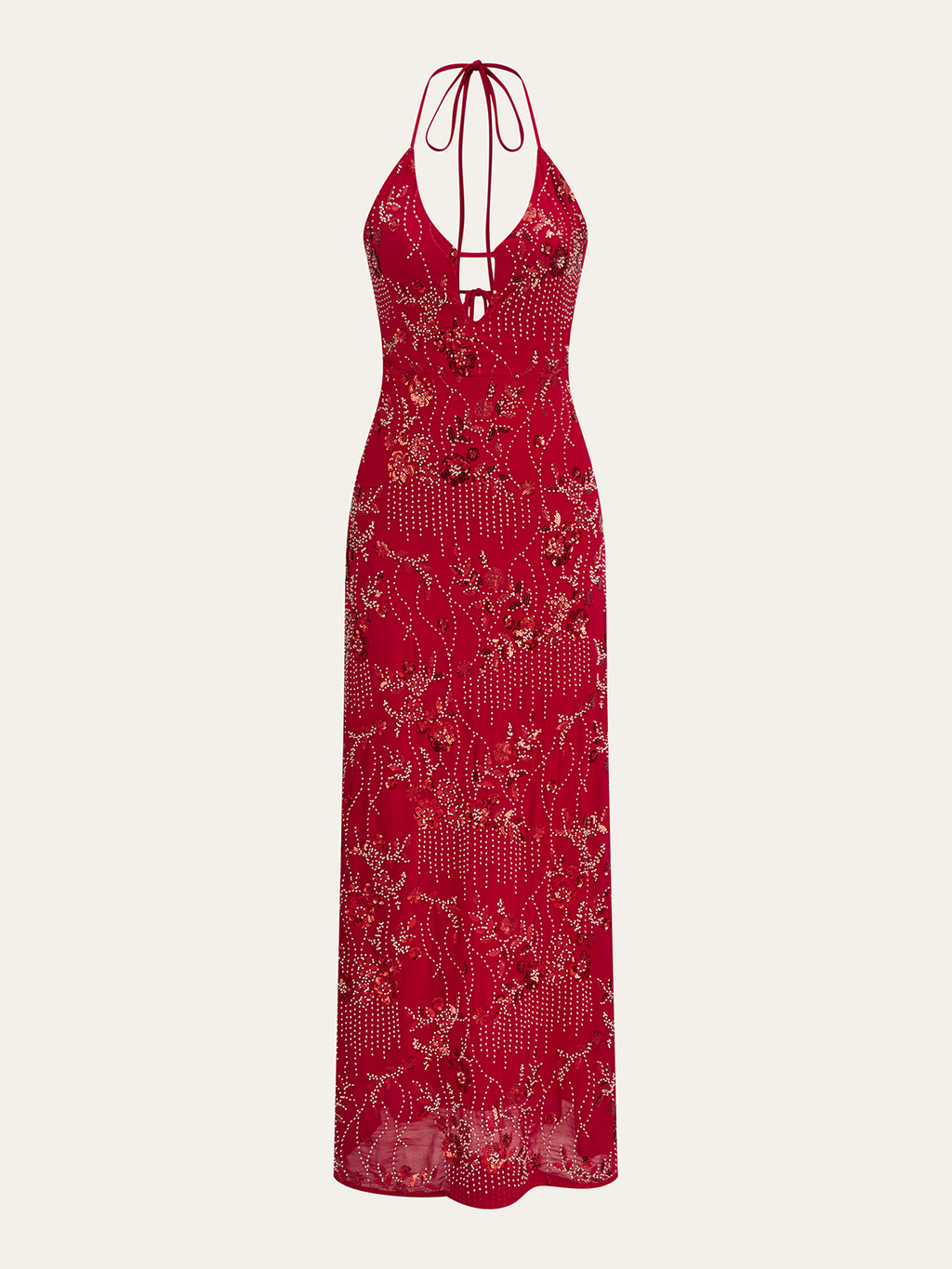 Robe longue dos nu brodée de sequins à col licou