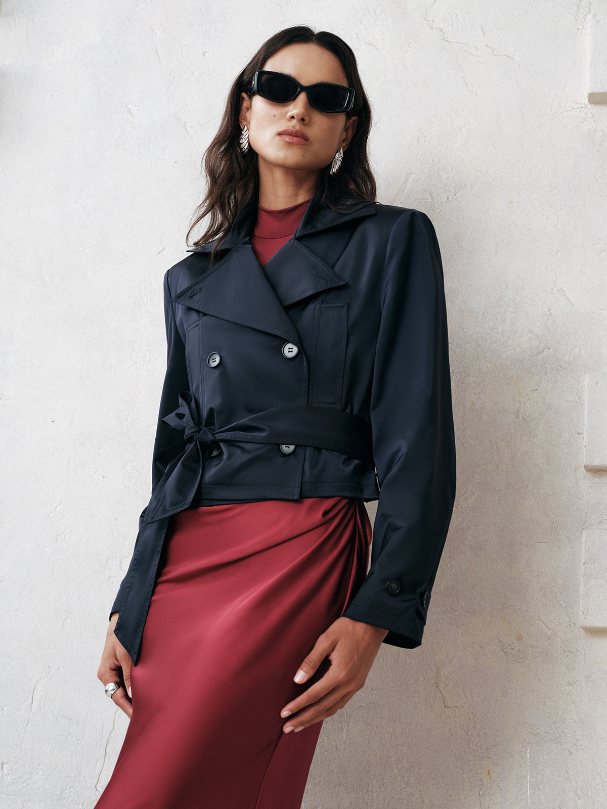 Belted Double-Breasted Cropped Trench Coat