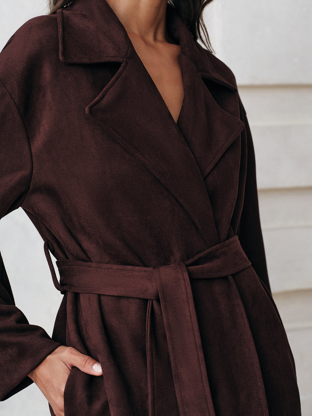 Suede Effect Belted Long Trench Coat