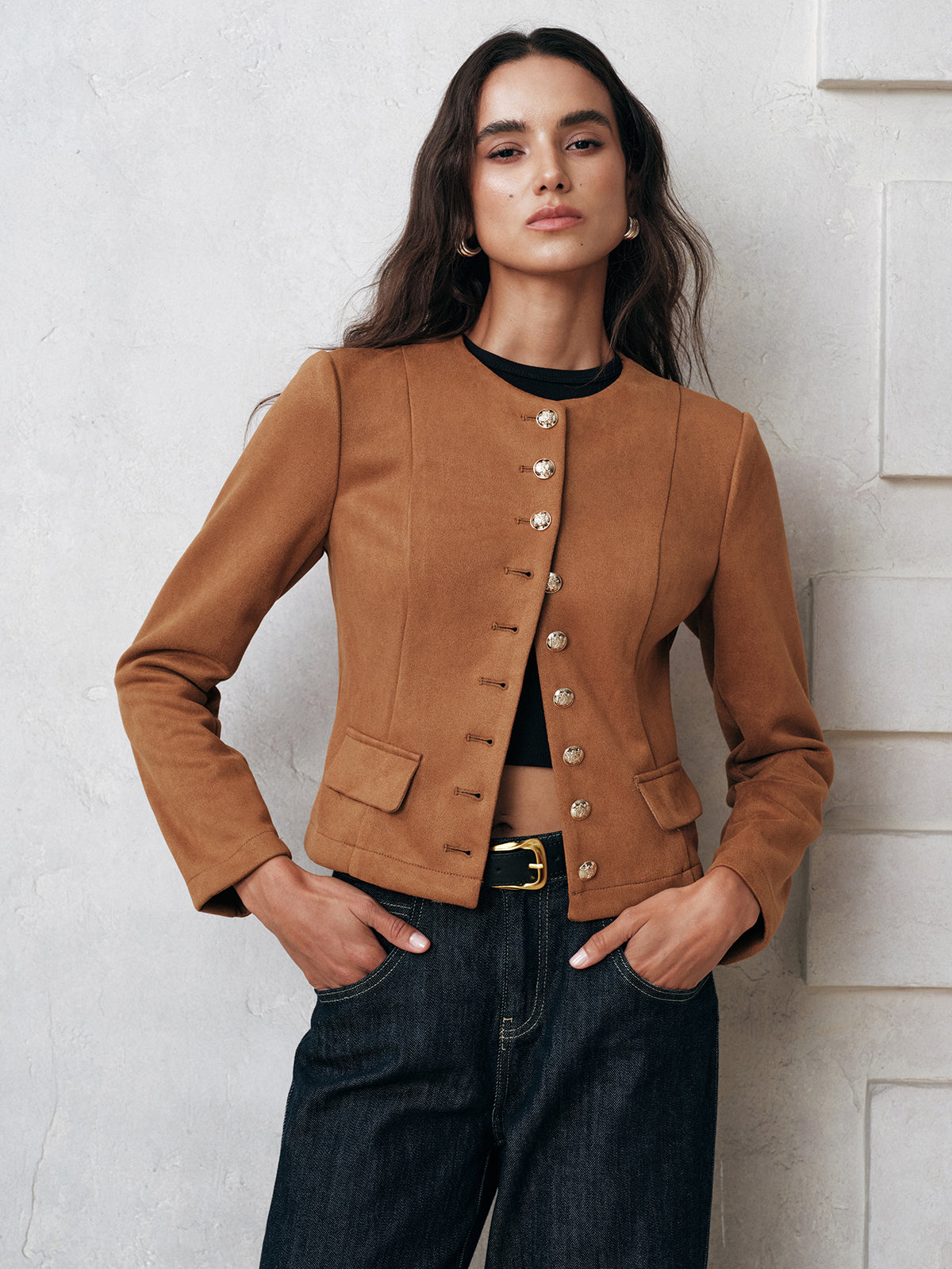 Metal Button Suede Effect Jacket