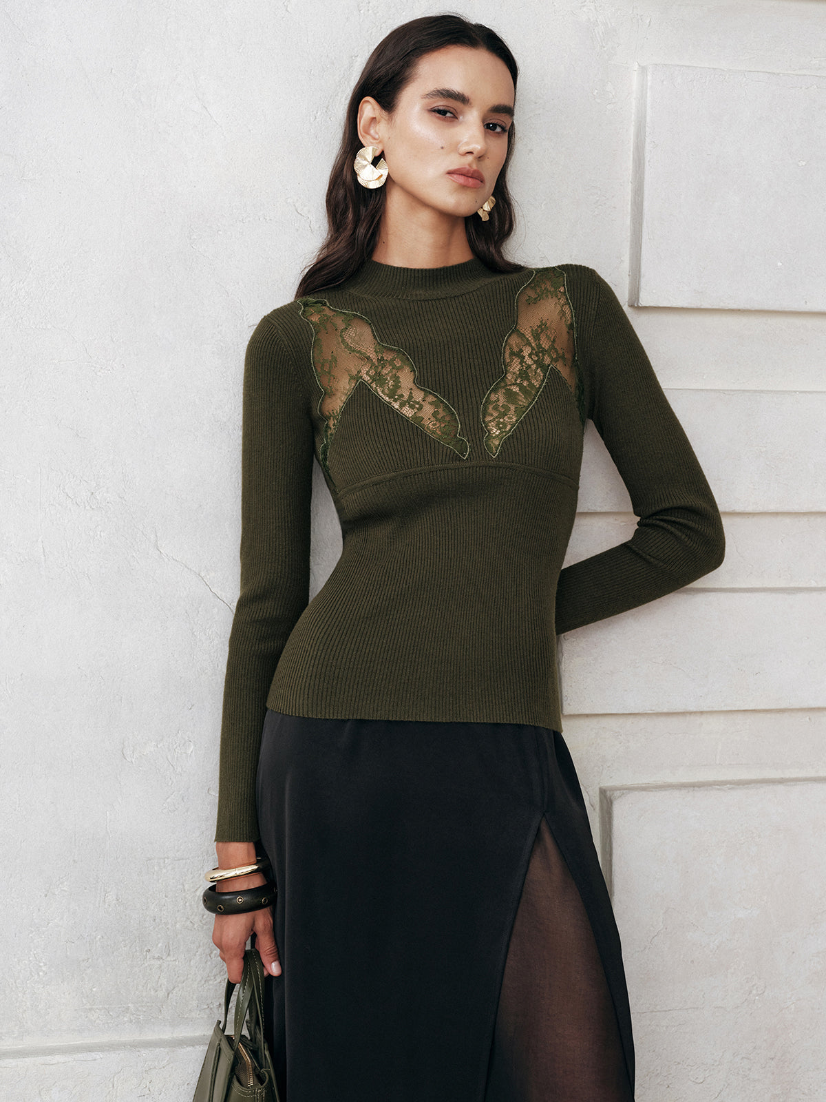 Sheer Lace Panel Mock Neck Sweater