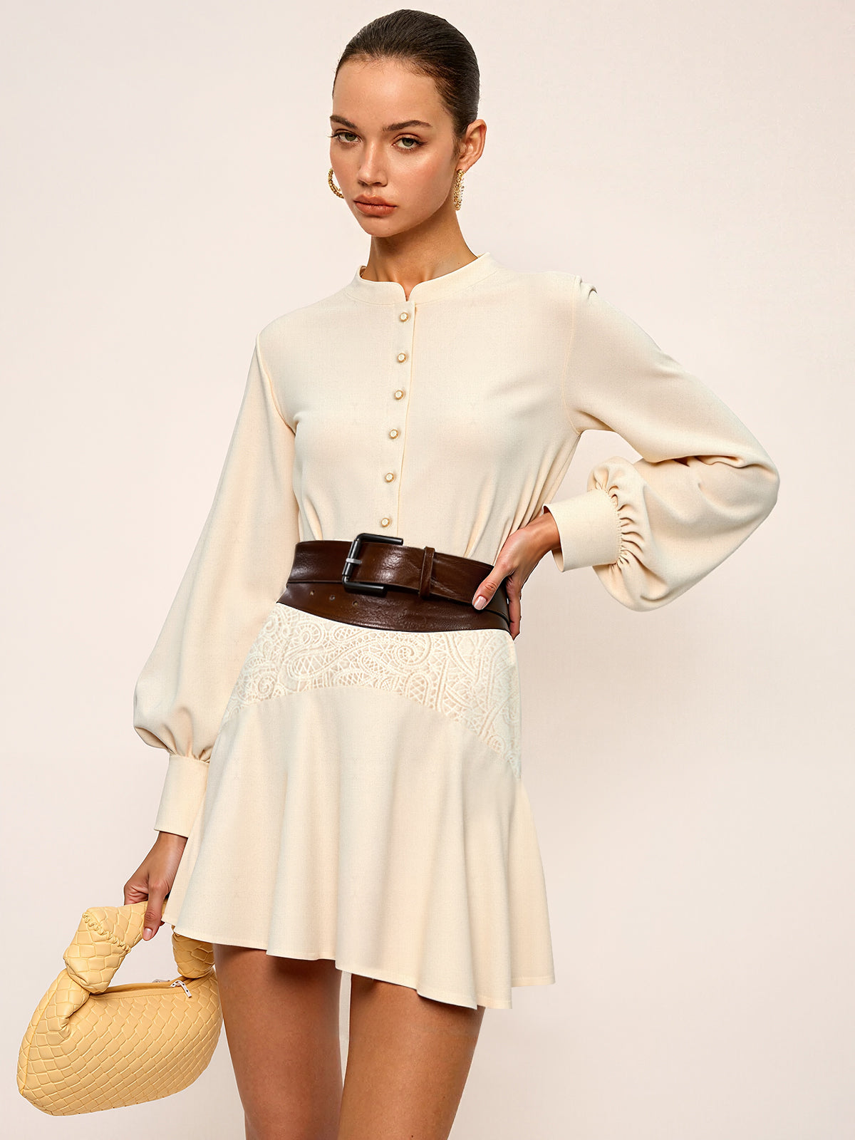 Stand Collar Button Lace Waist Dress