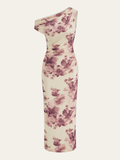 Semi-Sheer One-Shoulder Ruched Floral Print Midi Dress