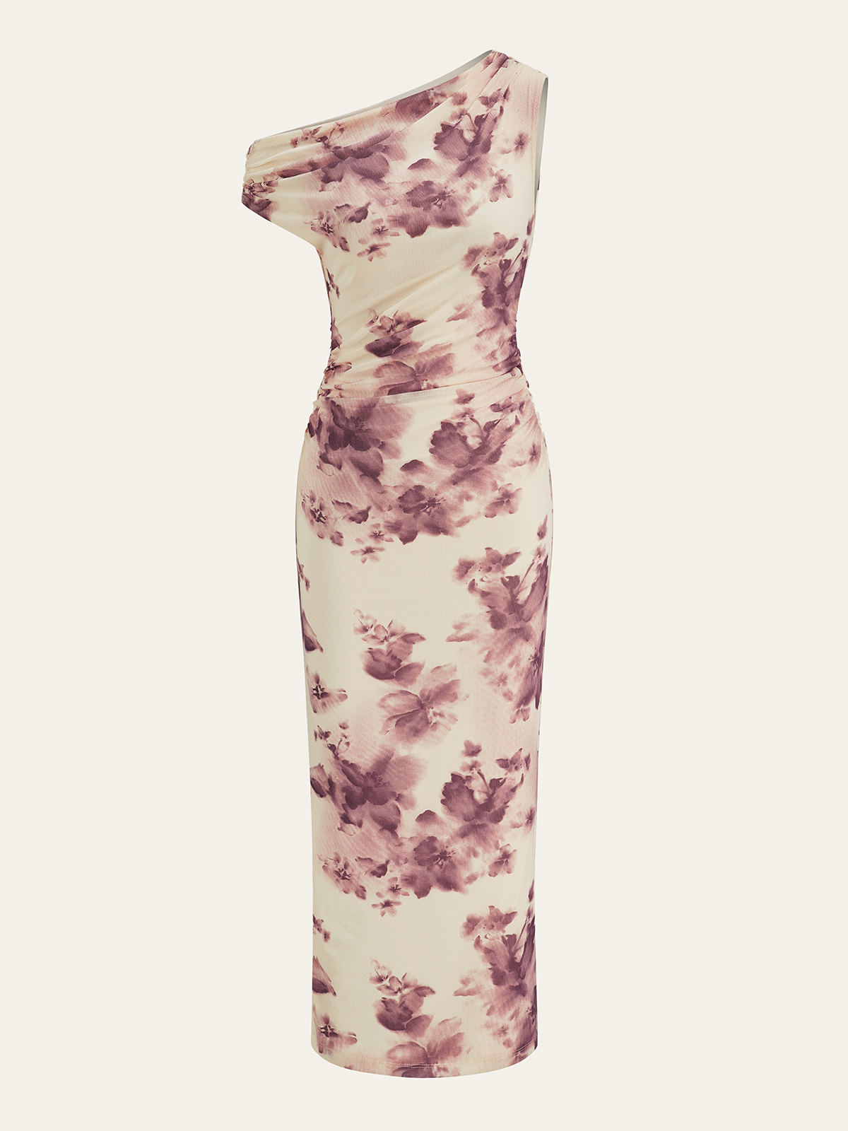 Semi-Sheer One-Shoulder Ruched Floral Print Midi Dress
