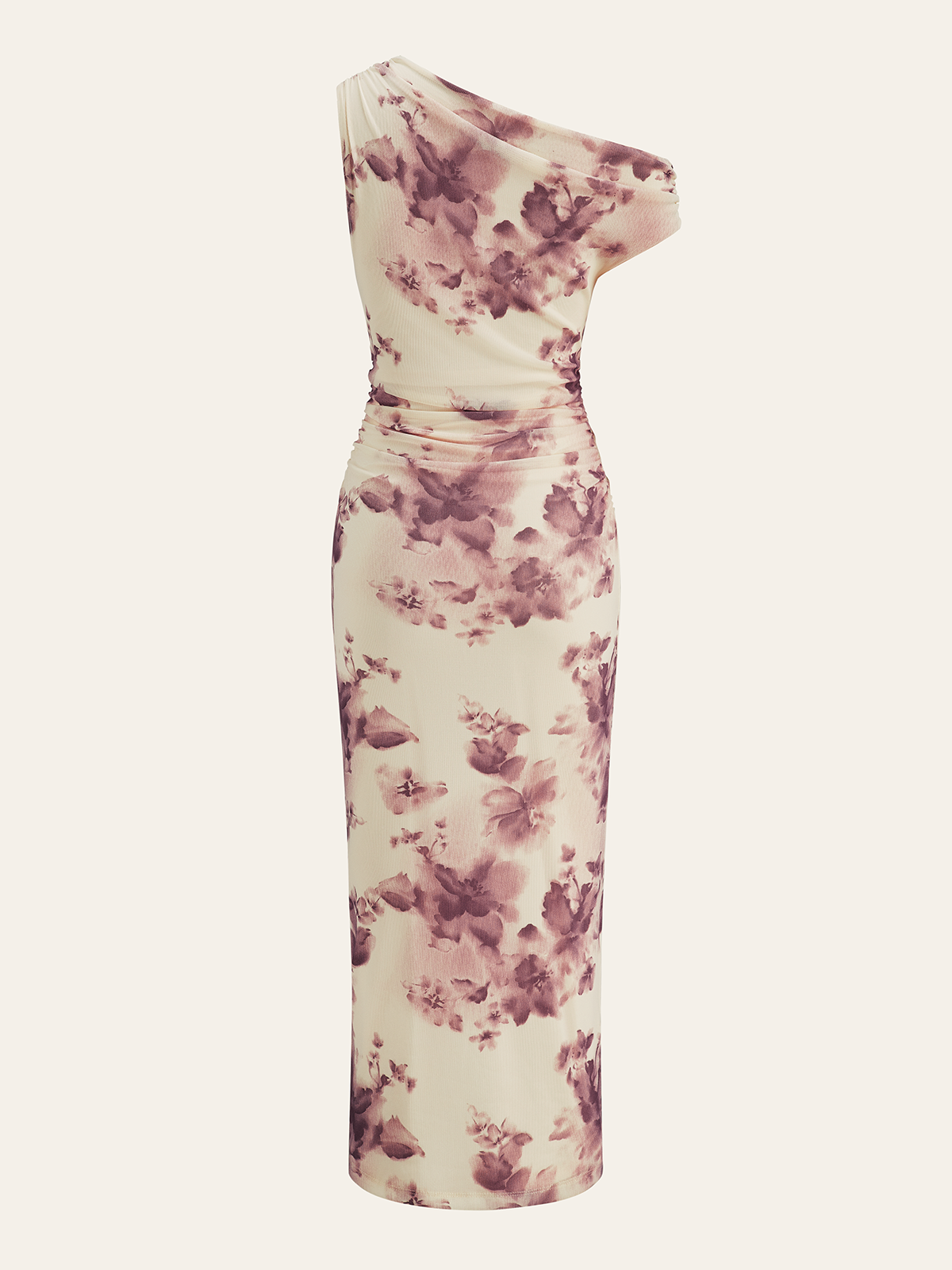 Halbtransparenteres, schulterfreies Midikleid mit Raffungen und Blumenmuster