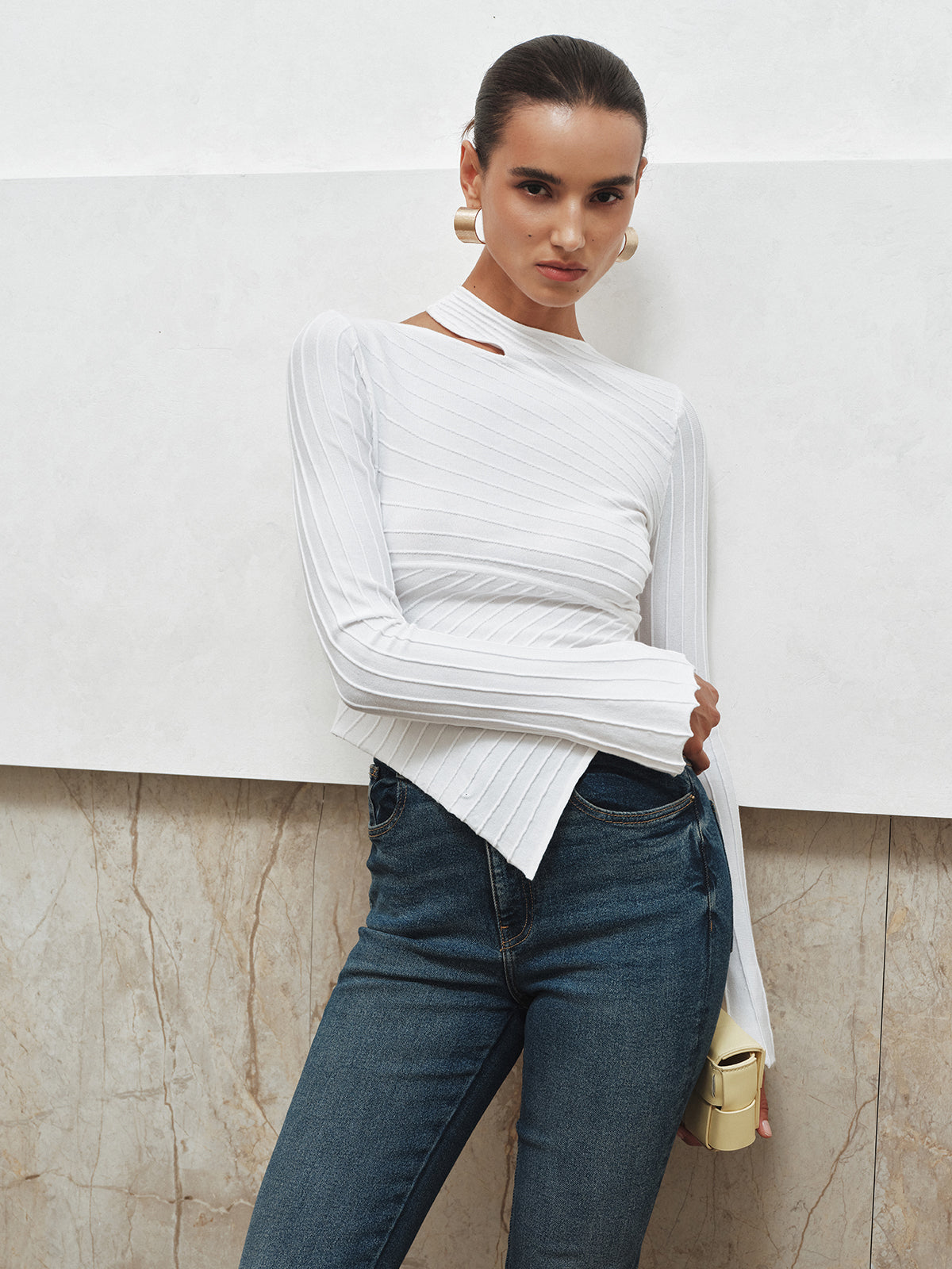 Asymmetric Cut-Out Textured Knit Top