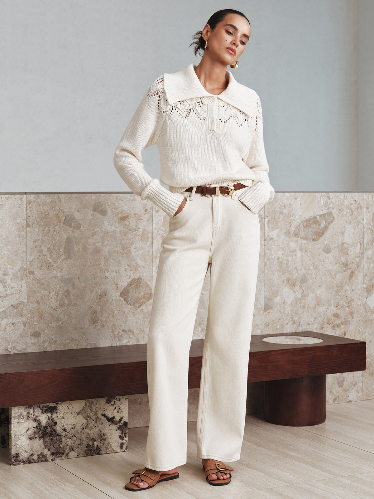 Eyelet Collared Knit Sweater