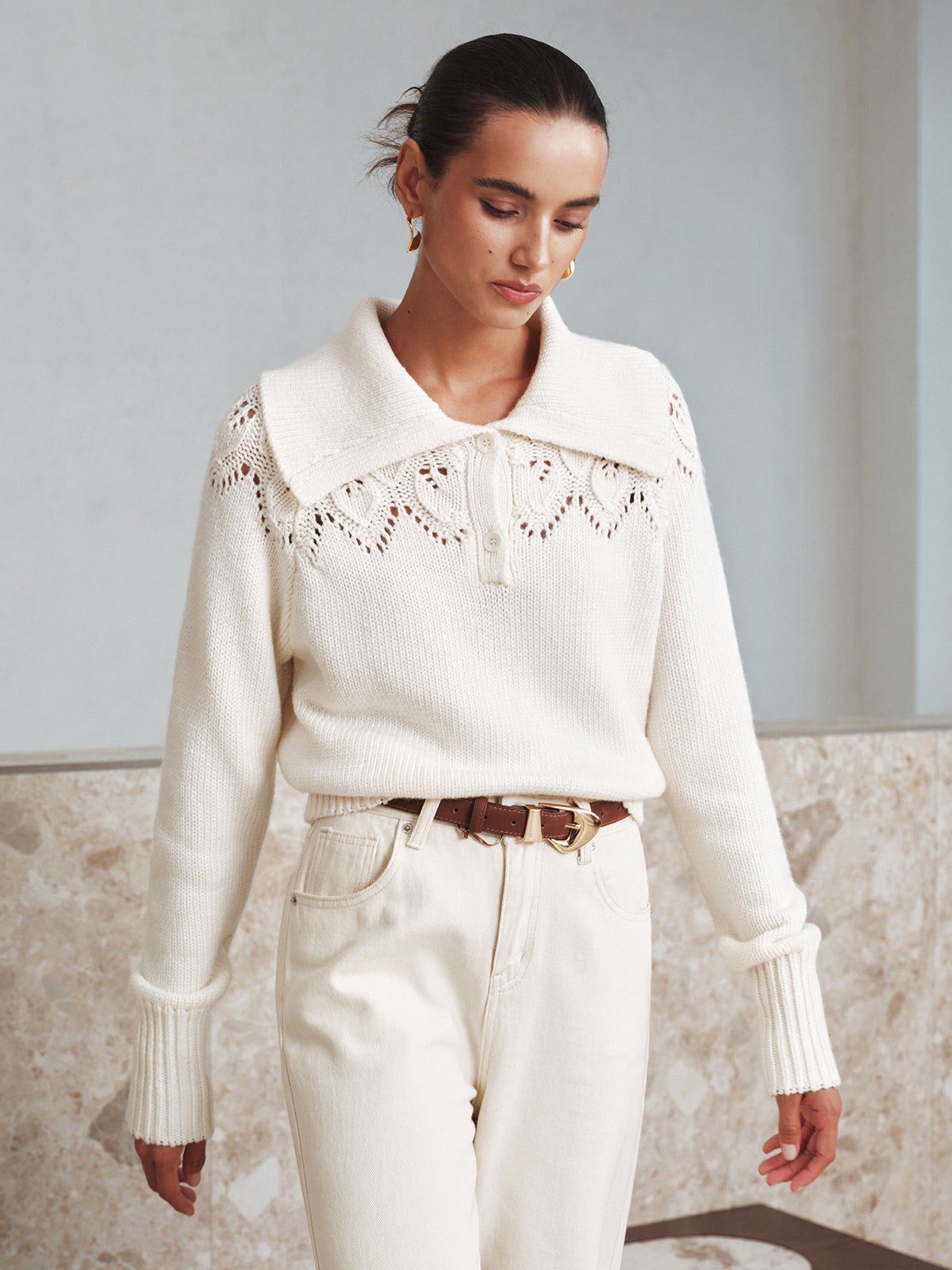 Eyelet Collared Knit Sweater