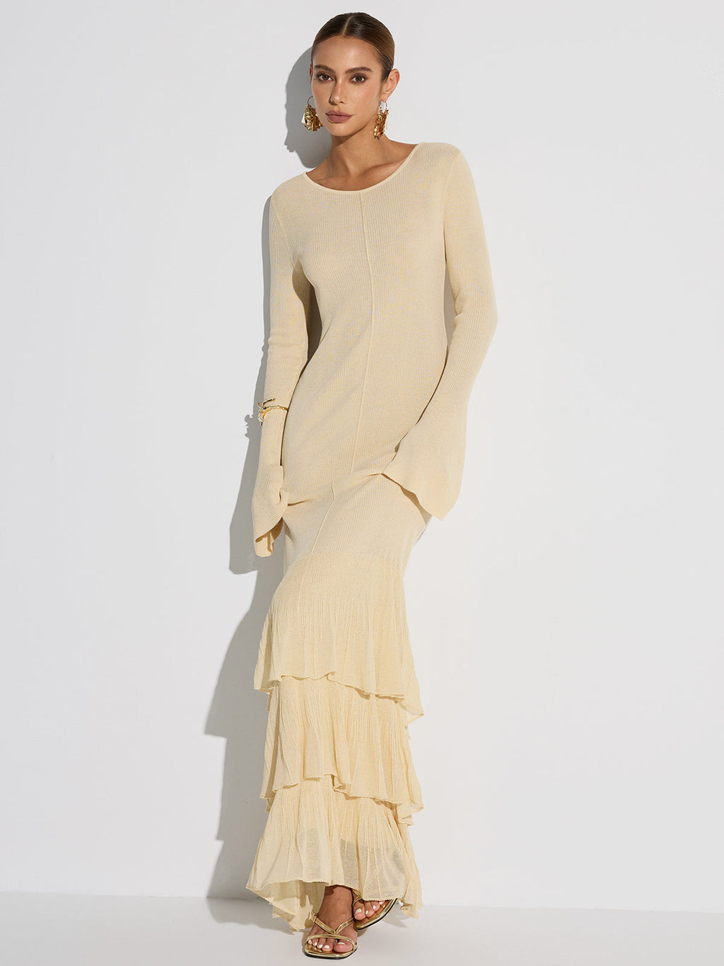 Robe longue en tricot à volants étagés