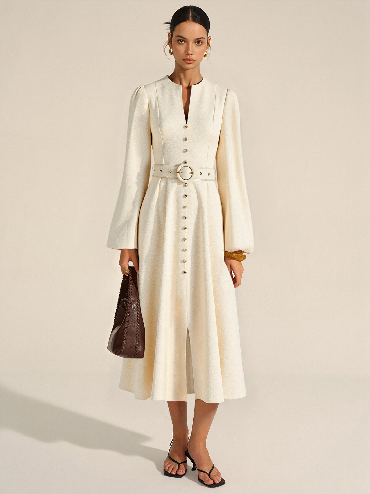 Button Front Belted Midi Dress