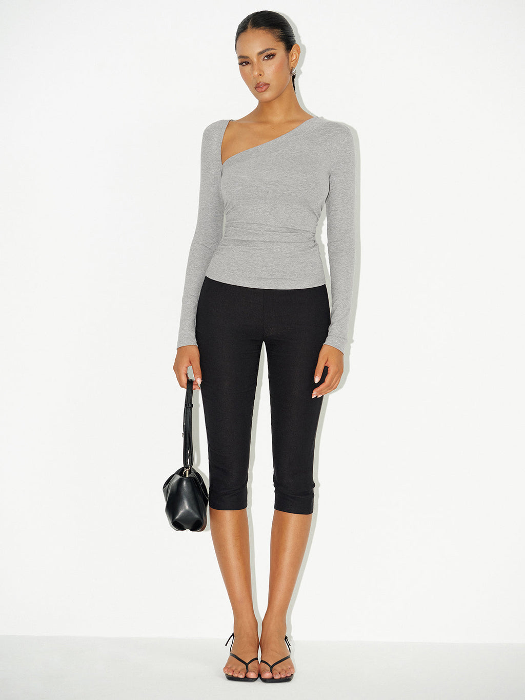 Asymmetric Neckline Ruched Long Sleeve Blouse