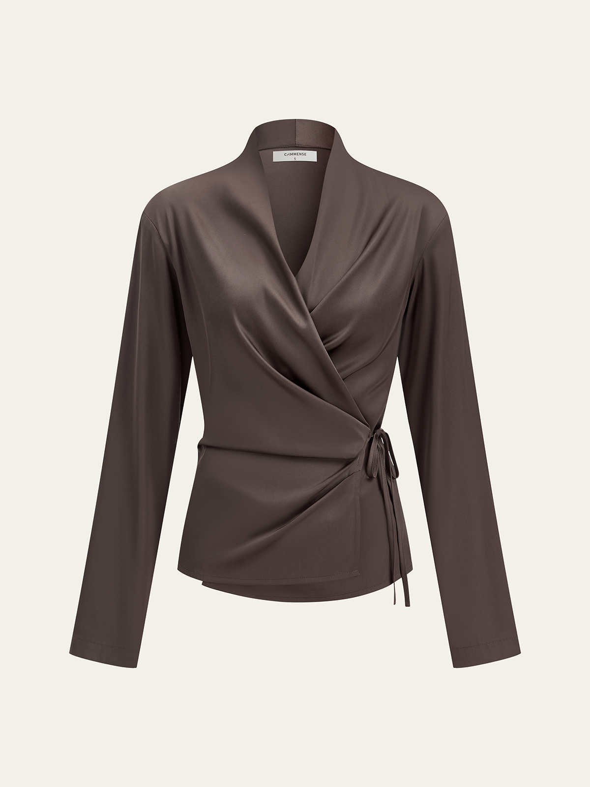 Satin Wrap-Front Long-Sleeve Top