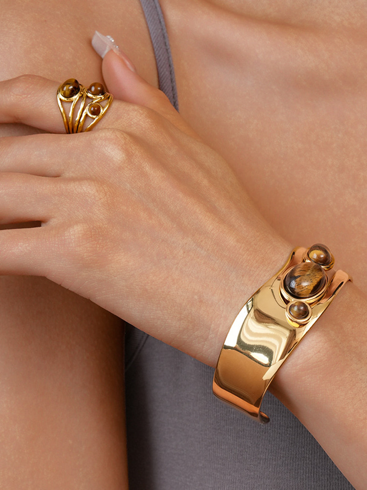 Tiger Eye Stone Titanium Steel Ring