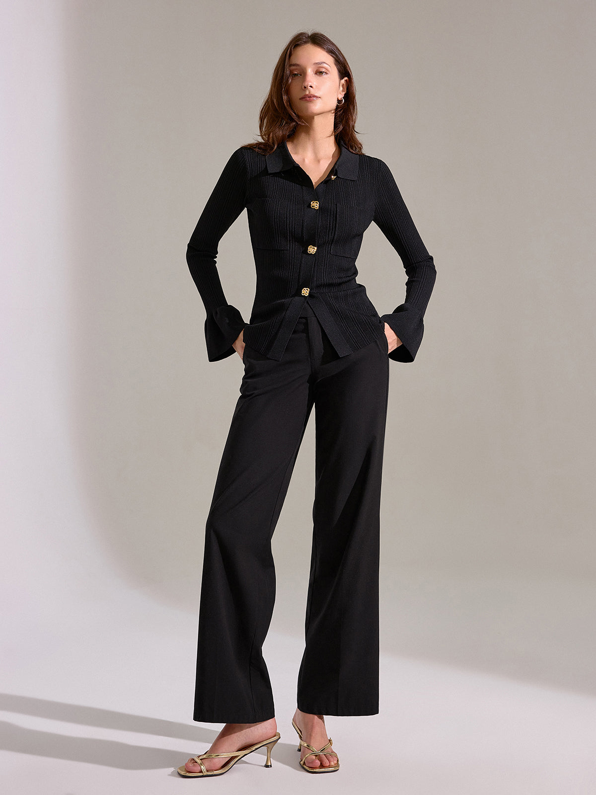 Bell Sleeve Ribbed Knit Polo Top