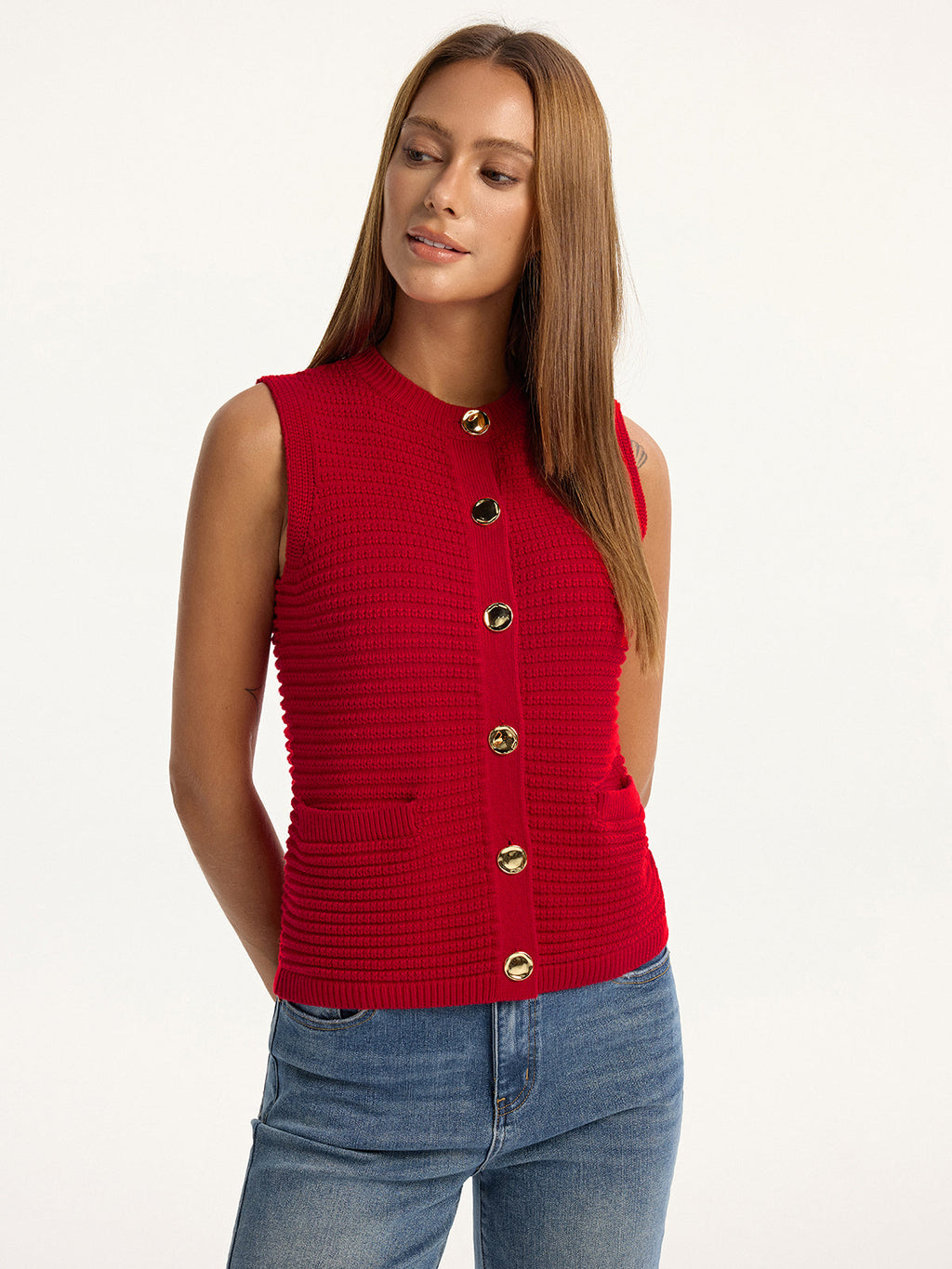 Westenpullover mit Metallknopf und Taschen